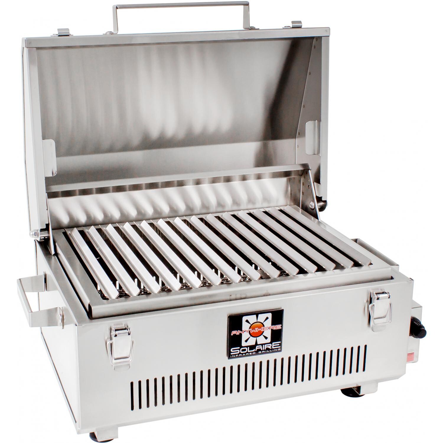 Solaire Gas Grills Go Anywhere 316 Grade Stainless Steel Portable Infrared Propane Gas Grill - Hood Open Angled View