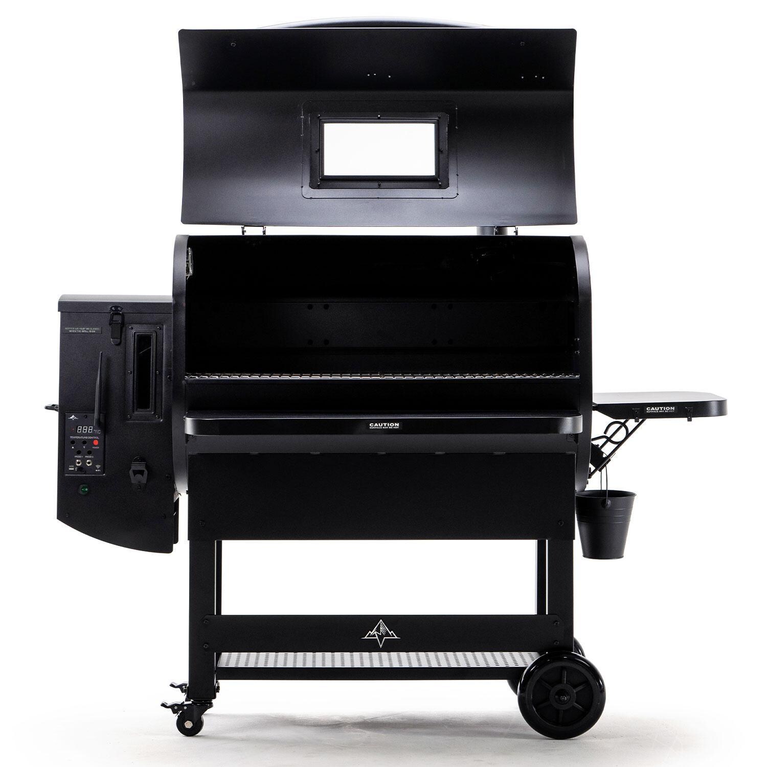 Green Mountain Grills Peak Prime 2.0 WiFi Pellet Grill Bundle w/SideBurn & Cover - Grill - Lid Open - White Background thumbnail
