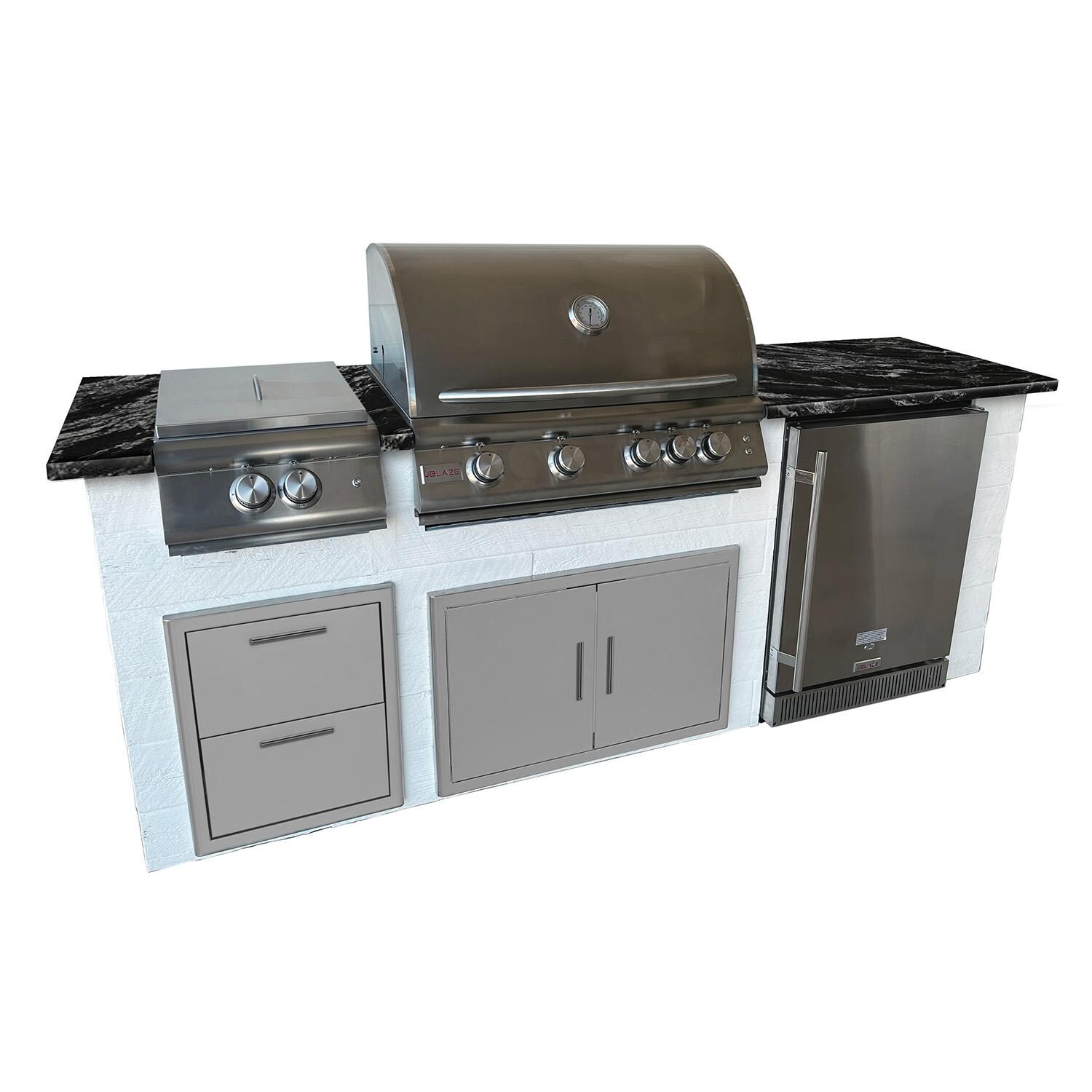 BBQGuys Signature 8-Foot Finished Kitchen w/ Blaze LTE 32-Inch Natural Gas Grill, Power Burner, & Outdoor Rated Refrigerator - White Wood Base w/ Black Forest Granite - 1360015