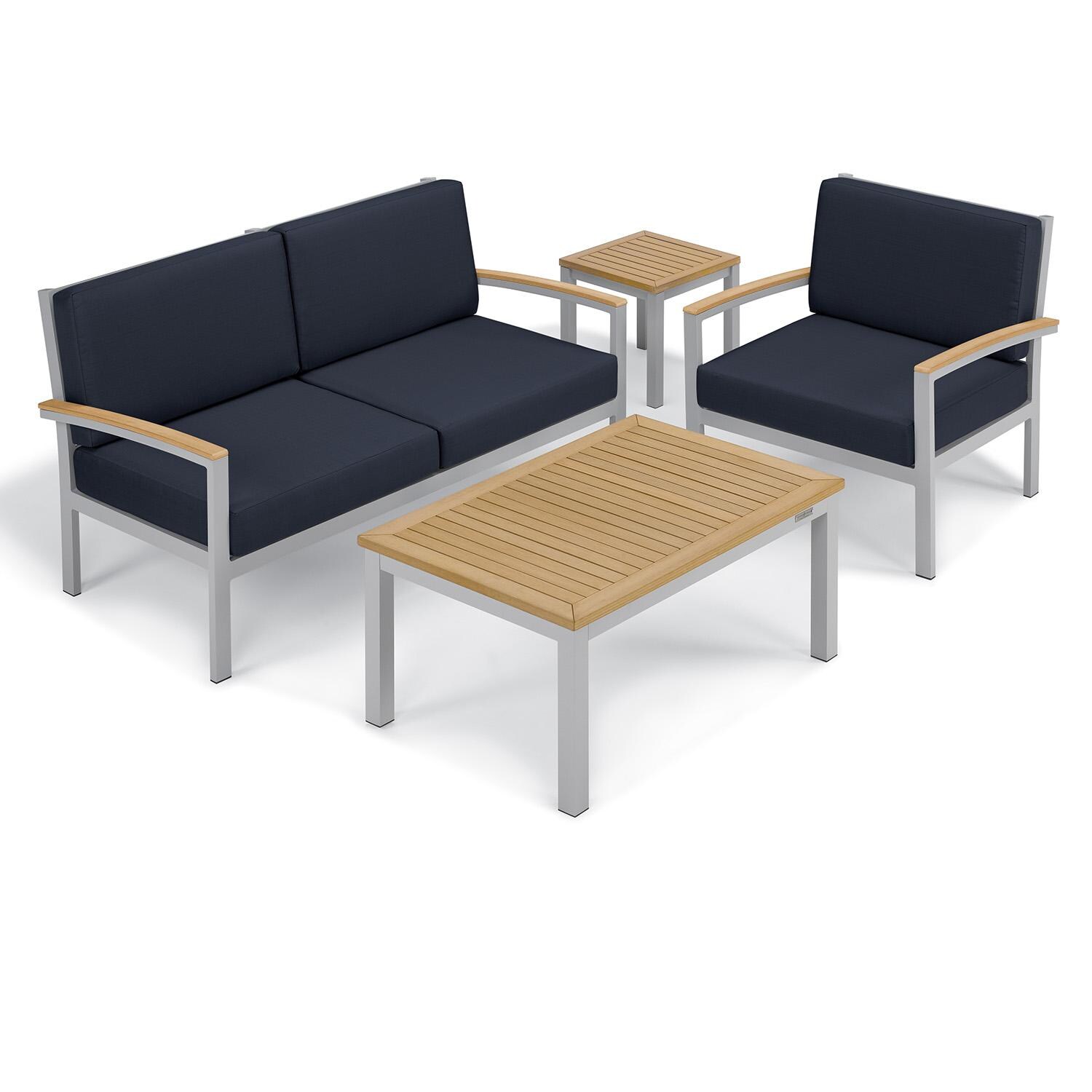 Oxford Garden 5255-PC.F Travira 4 Pc Aluminum Seating Set w/ Club Chair in Natural Tekwood/ Midnight Blue by Oxford Garden - Set - White Background thumbnail