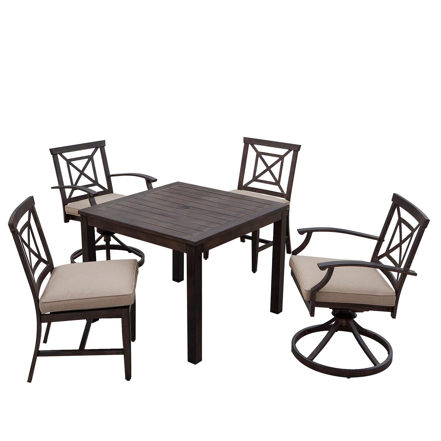 Atlantis 5 Pc Aluminum Dining Set w/ 2 Swivel Rockers and Beige Cushions in Walnut By Darlee - White Background thumbnail