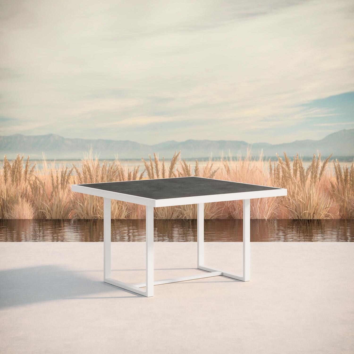 Azzurro Living Pavia 48 Inch White Aluminum Dining Table W/ Micron Dekton Top - Lifestyle thumbnail