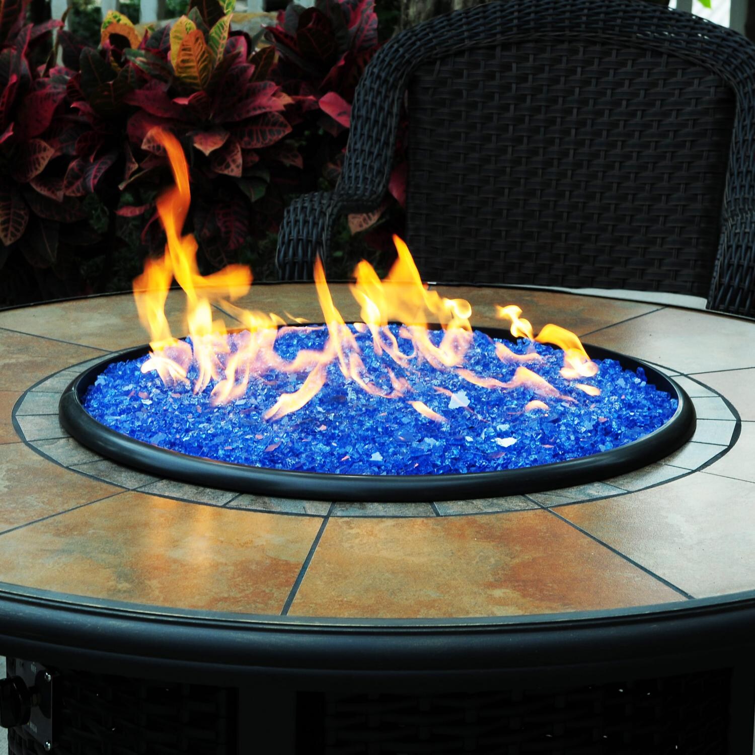 Tretco 48-Inch Round Wicker Fire Pit Table - Dark Brown W/ Tile Top - Blue Fire Glass and Flame thumbnail
