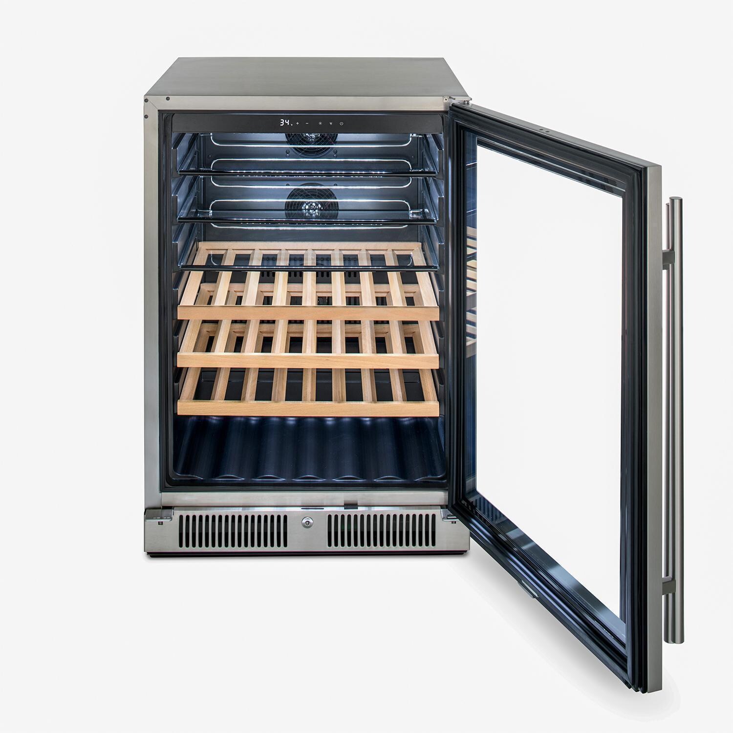 Blaze BLZ-GDBEV-5.5 24-in 5.5 Cu. Ft. Outdoor Rated Beverage Cooler - Door Open w/ Bamboo Shelving - White Background thumbnail