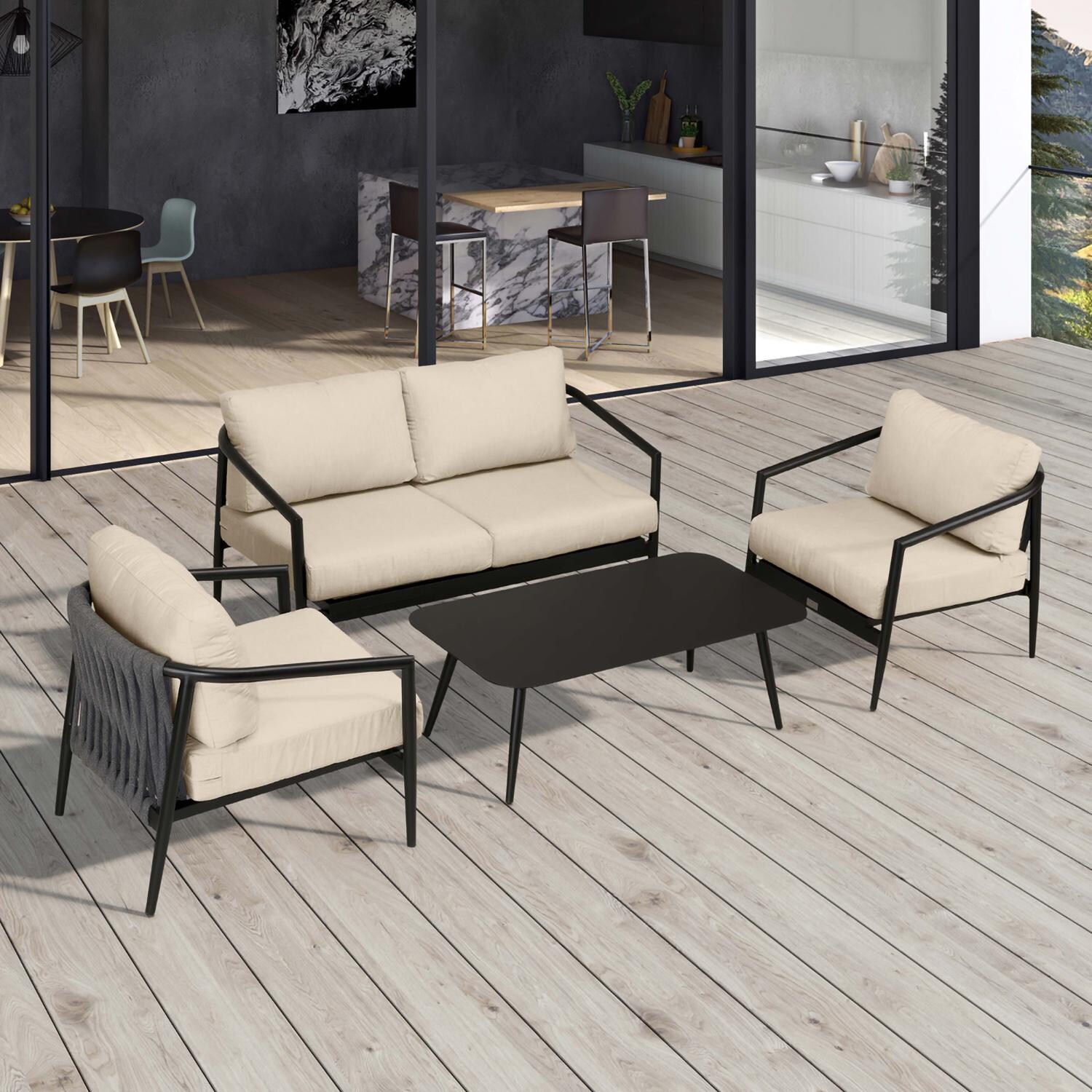 Lakeview Midnight Cove 4 Pc Aluminum Loveseat Seating Set in Black/Carbon/Canvas Flax - Top - Lifestyle thumbnail