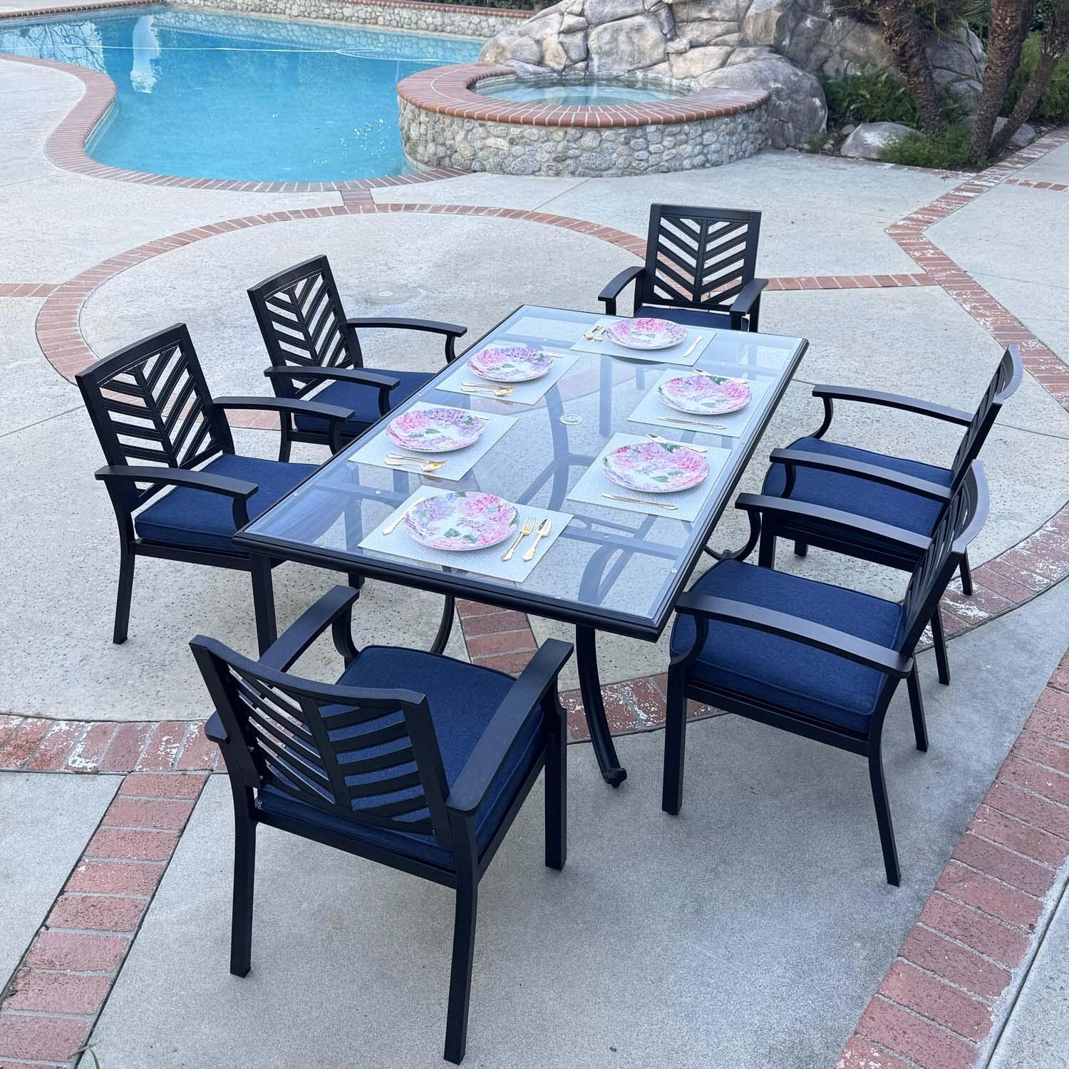 Palm Springs 7 Pc Aluminum Dining Set in Antique Bronze/Navy by Darlee