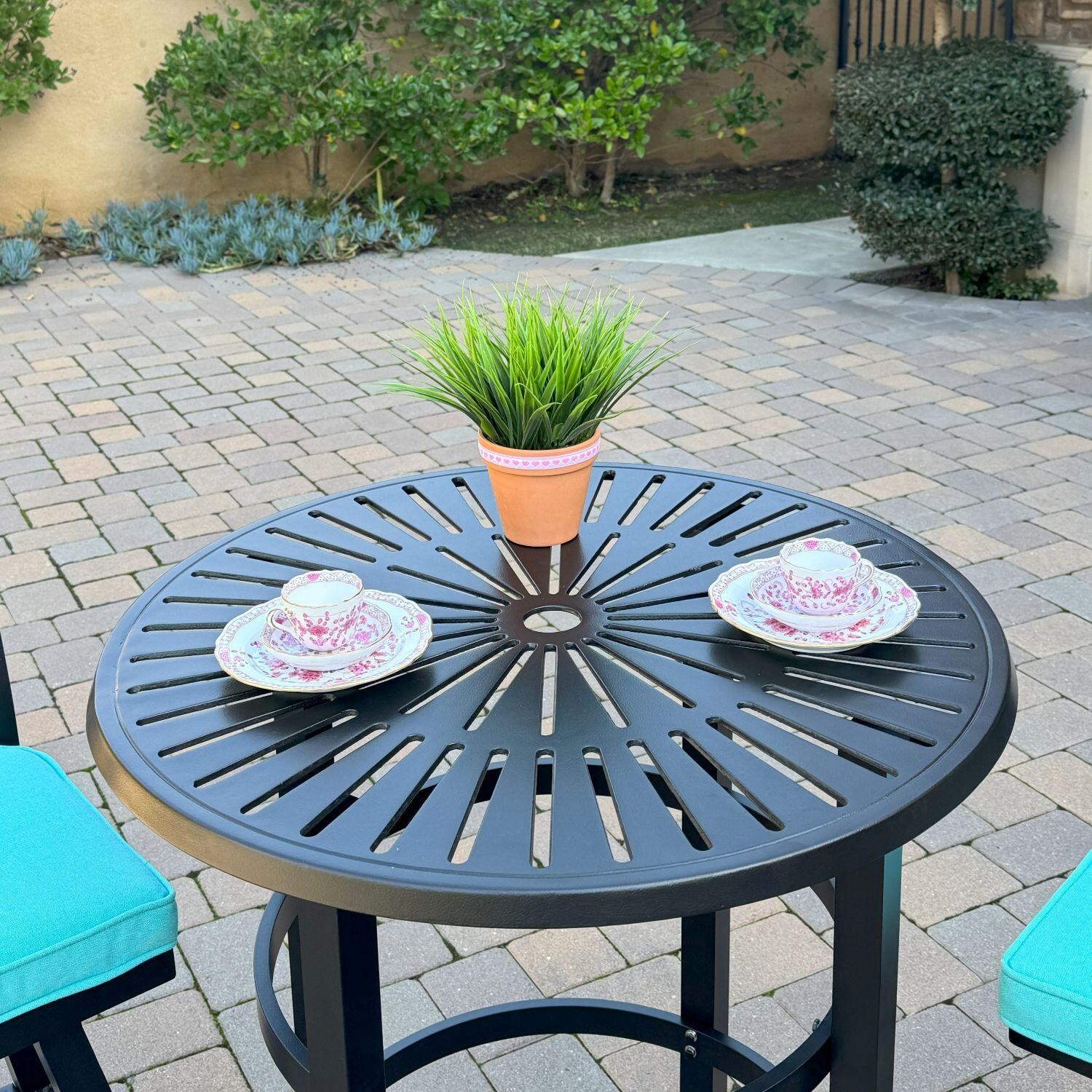 Aspen Aluminum 3 Pc Patio Bar Set w/ 30-in Round Counter Height Bar Table in Blue By Darlee - Bar Table - Top View - Lifestyle thumbnail