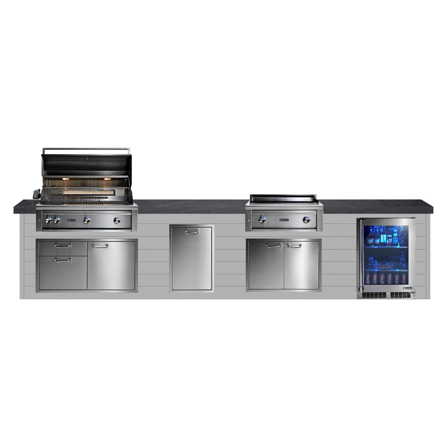 BBQGuys Signature 14ft Luxury Outdoor Kitchen w/ Lynx Professional 42-Inch Natural Gas Grill, 30-Inch Asado Grill & Refrigerator - Light Gray Steel w/ Black Polished Granite