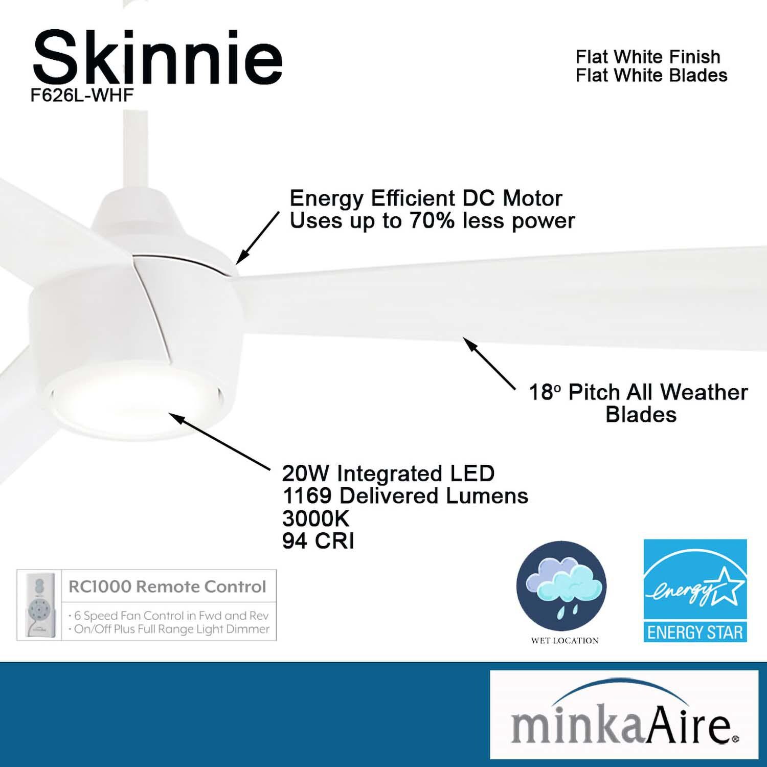 Minka-Aire F626L-WHF Skinnie 56-Inch 3-Blade LED Ceiling Fan in Flat White Finish w/ Flat White Blades & Etched Lens - Details thumbnail