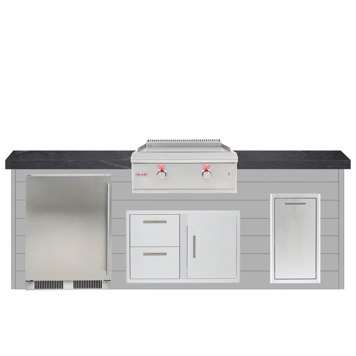 BBQGuys Signature 8ft Luxury Outdoor Island W/ Blaze Premium LTE 30-Inch Propane Griddle & Outdoor Rated Refrigerator - Light Gray Steel W/ Black Polished Granite thumbnail
