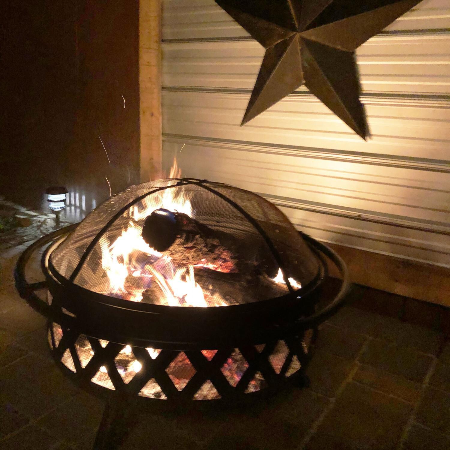 Ultimate Patio 36-Inch Steel Crossweave Wood Burning Fire Pit - Evening thumbnail