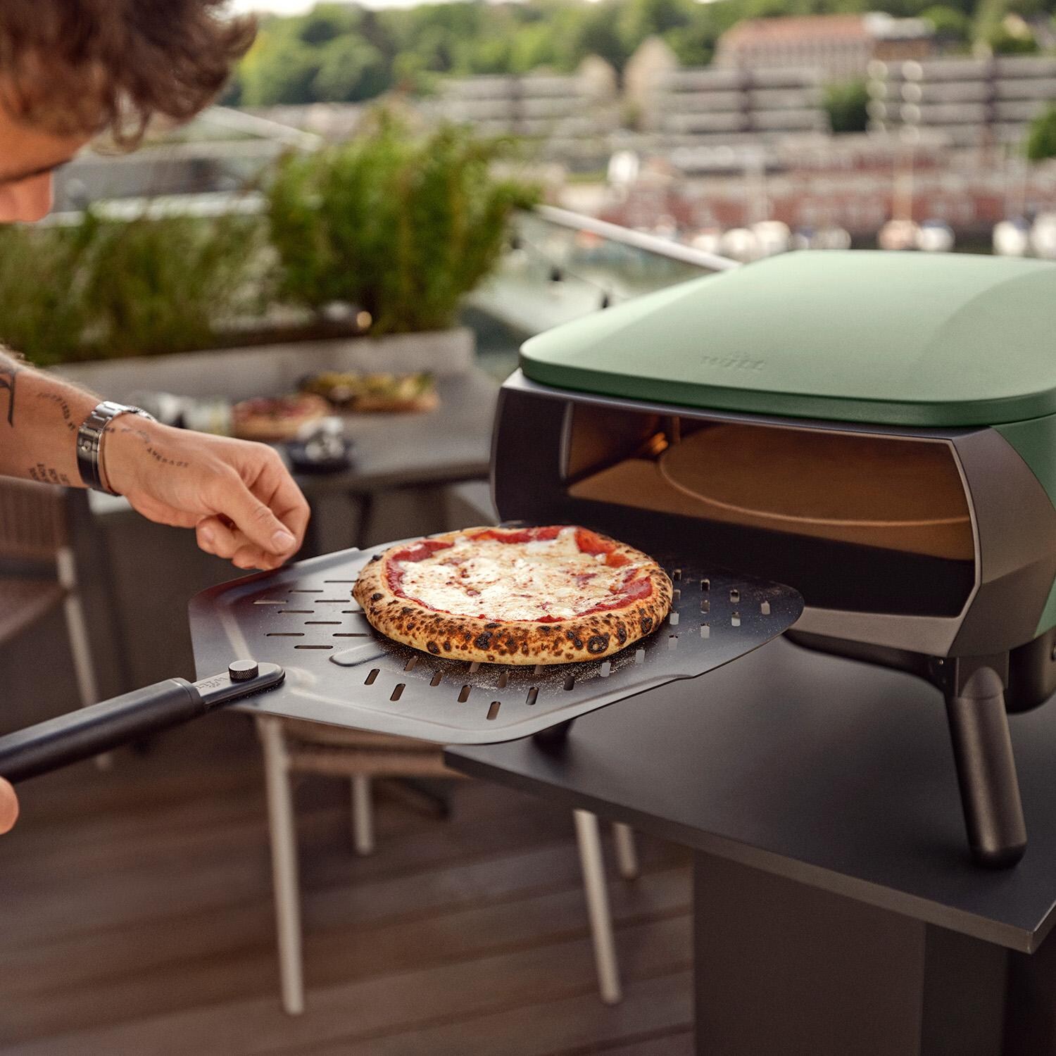 Witt 80650188 Piccolo Rotante Propane Pizza Oven - Matte Black - Baking Pizza (Shown in Matte Green) - Lifestyle thumbnail