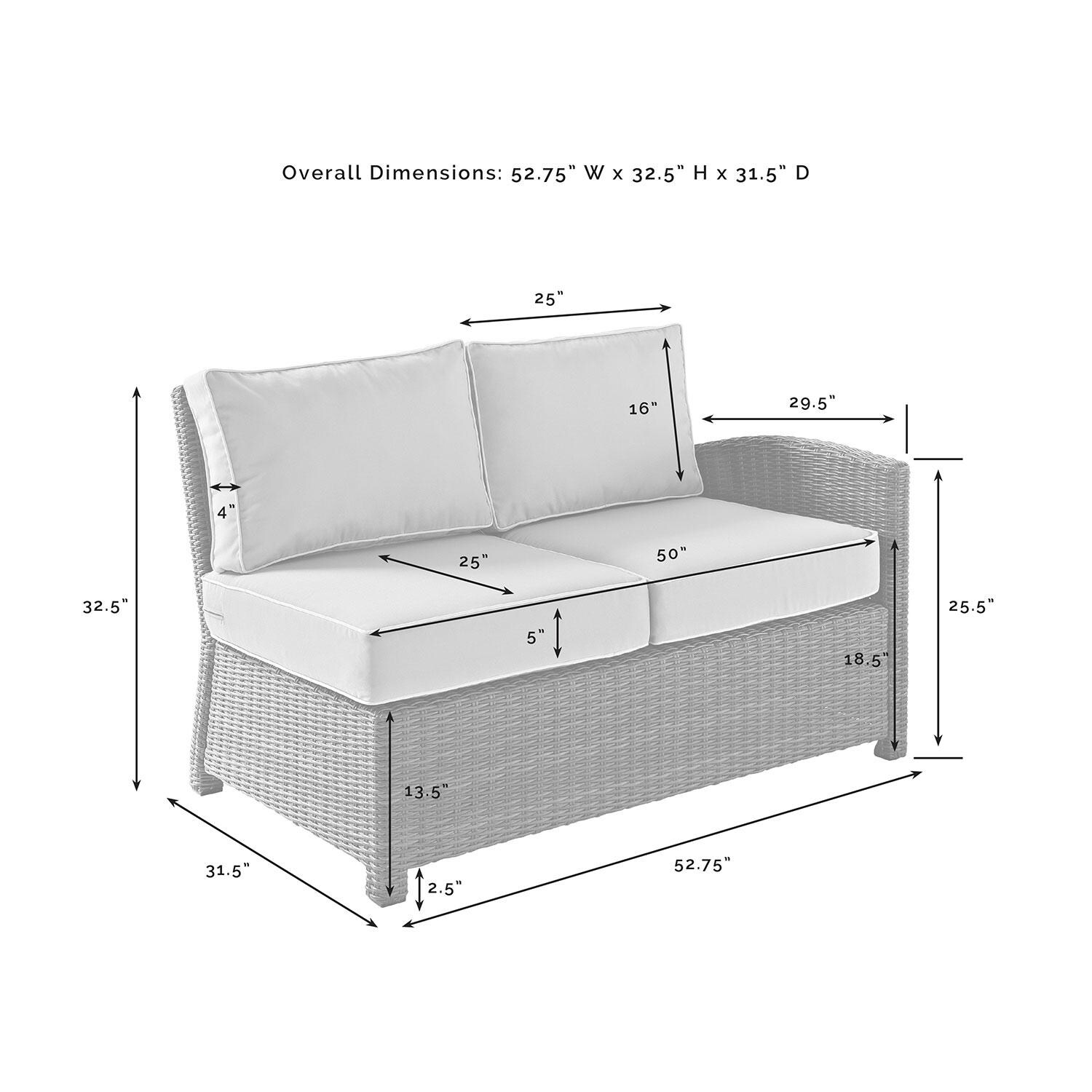 Ultimate Patio UP-92420WB-GY 4Pc Wicker Outdoor Sectional Patio Furniture Set in Gray - Right Arm Dimensions - Diagram