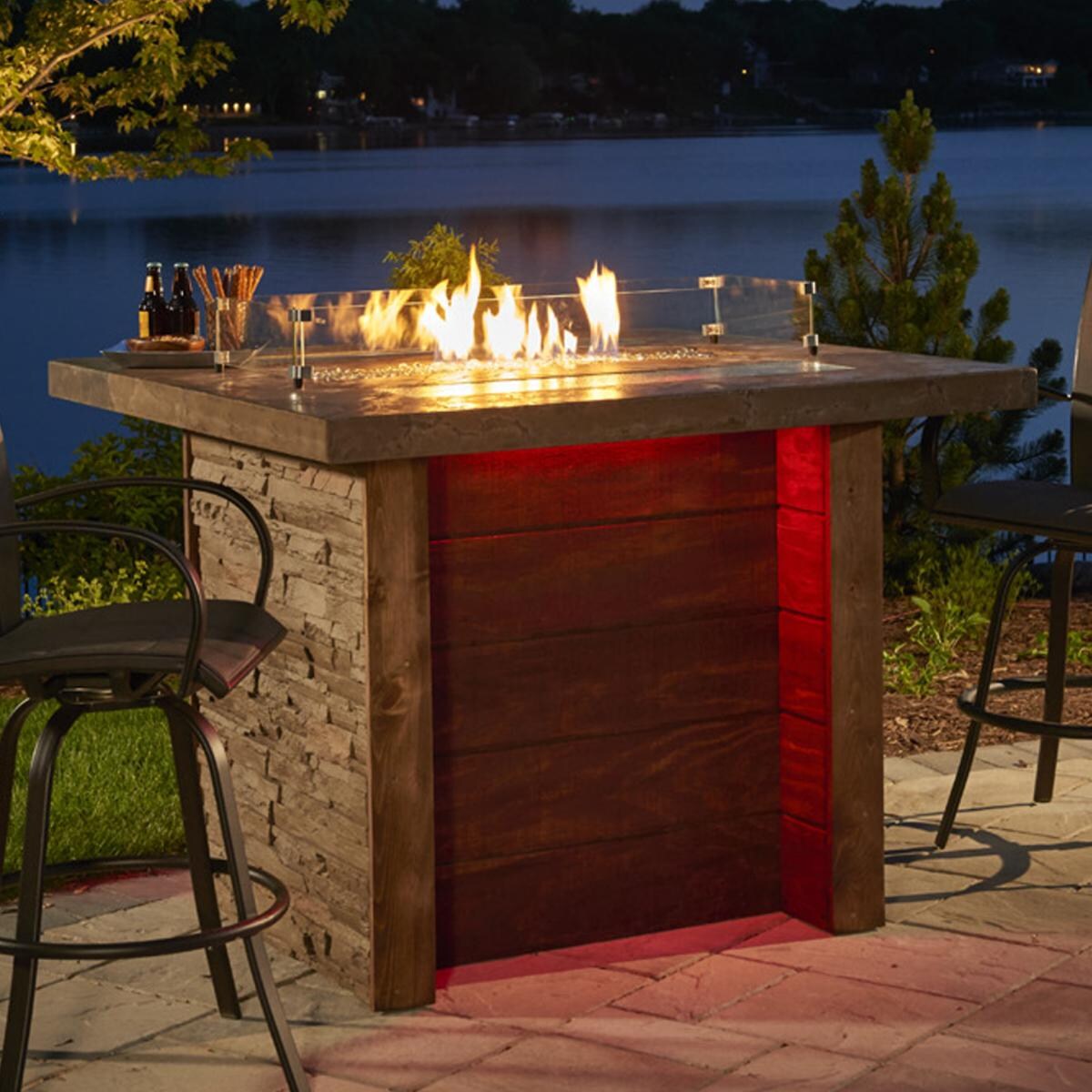 The Outdoor GreatRoom Company Marquee 58-Inch Rectangular Pub Height Propane Gas Fire Pit Table with 42-Inch Crystal Fire Burner - Mocha - Key Valve Control