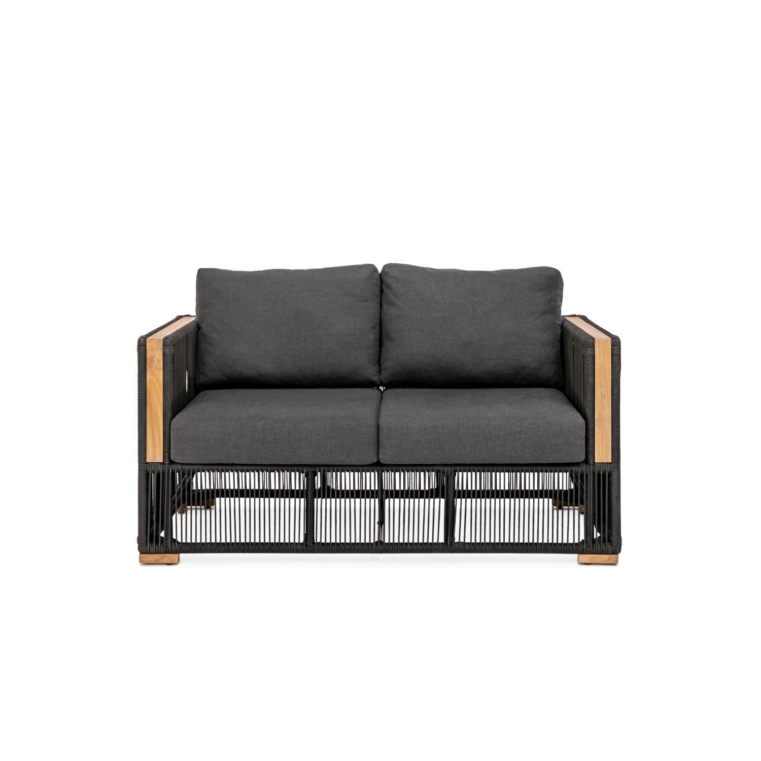 Teak + Table Breeze Olefin Rope & Teak Patio Loveseat in Charcoal/Carbon - White Background thumbnail
