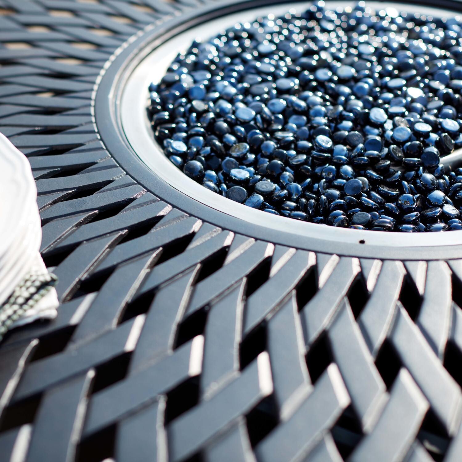 Darlee 201030-9PC-60GHW Sedona 9 Piece Cast Aluminum Patio Counter Height Fire Pit Bar Set W/ 64 Inch Square Table & Sesame Cushions - Table Detail thumbnail