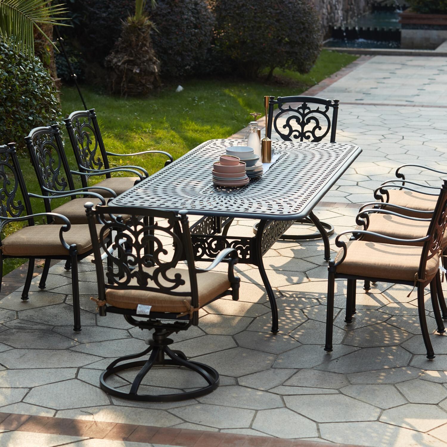 Santa Barbara 9 Pc Cast Aluminum Dining Set w/ 92 X 42 Inch Series 60 Table & 2 Swivel Rockers in Antique Bronze/Beige Canvas by Darlee
