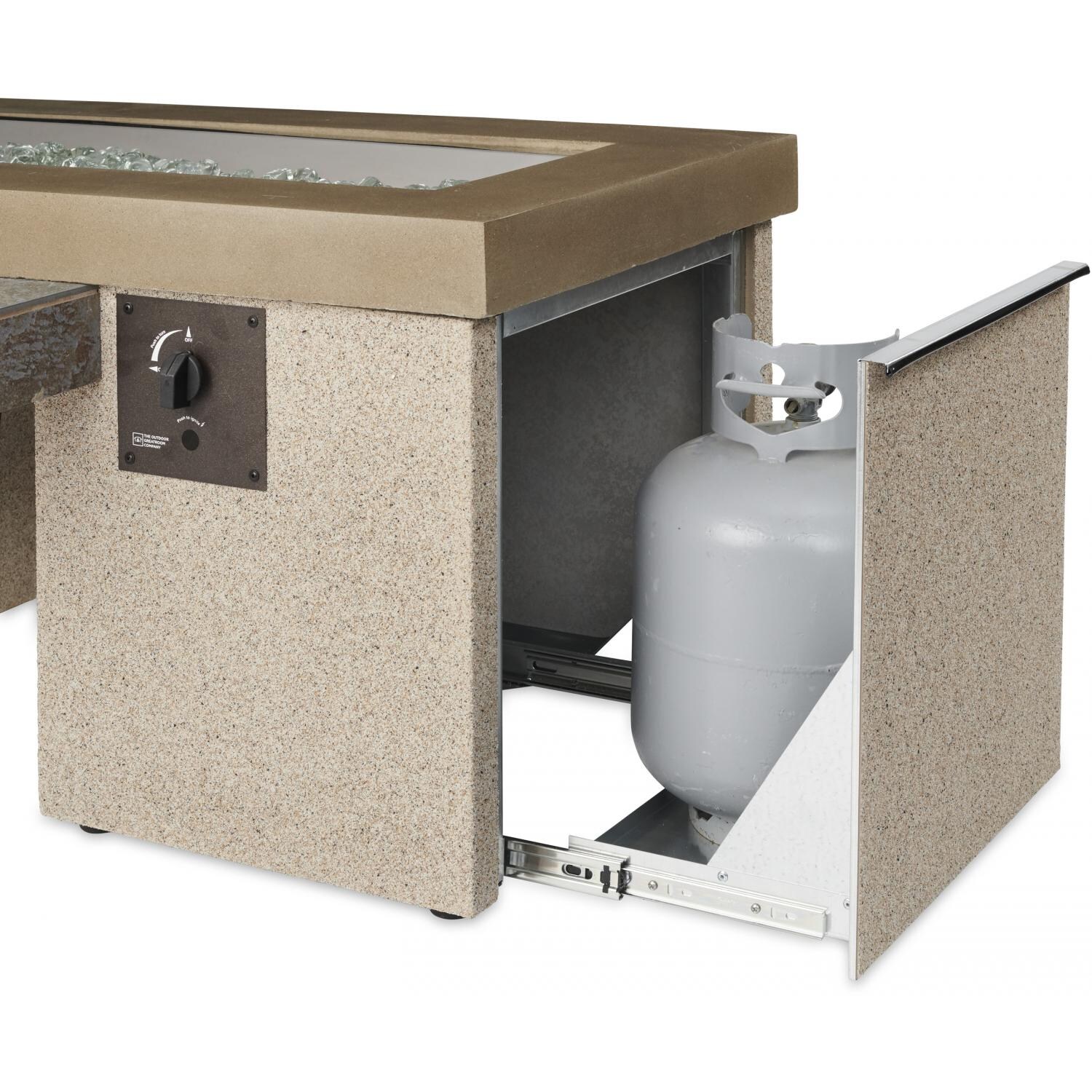 The Outdoor GreatRoom Company Uptown Linear Gas Fire Pit Table - Brown - Access door provides convenient storage for propane tanks thumbnail