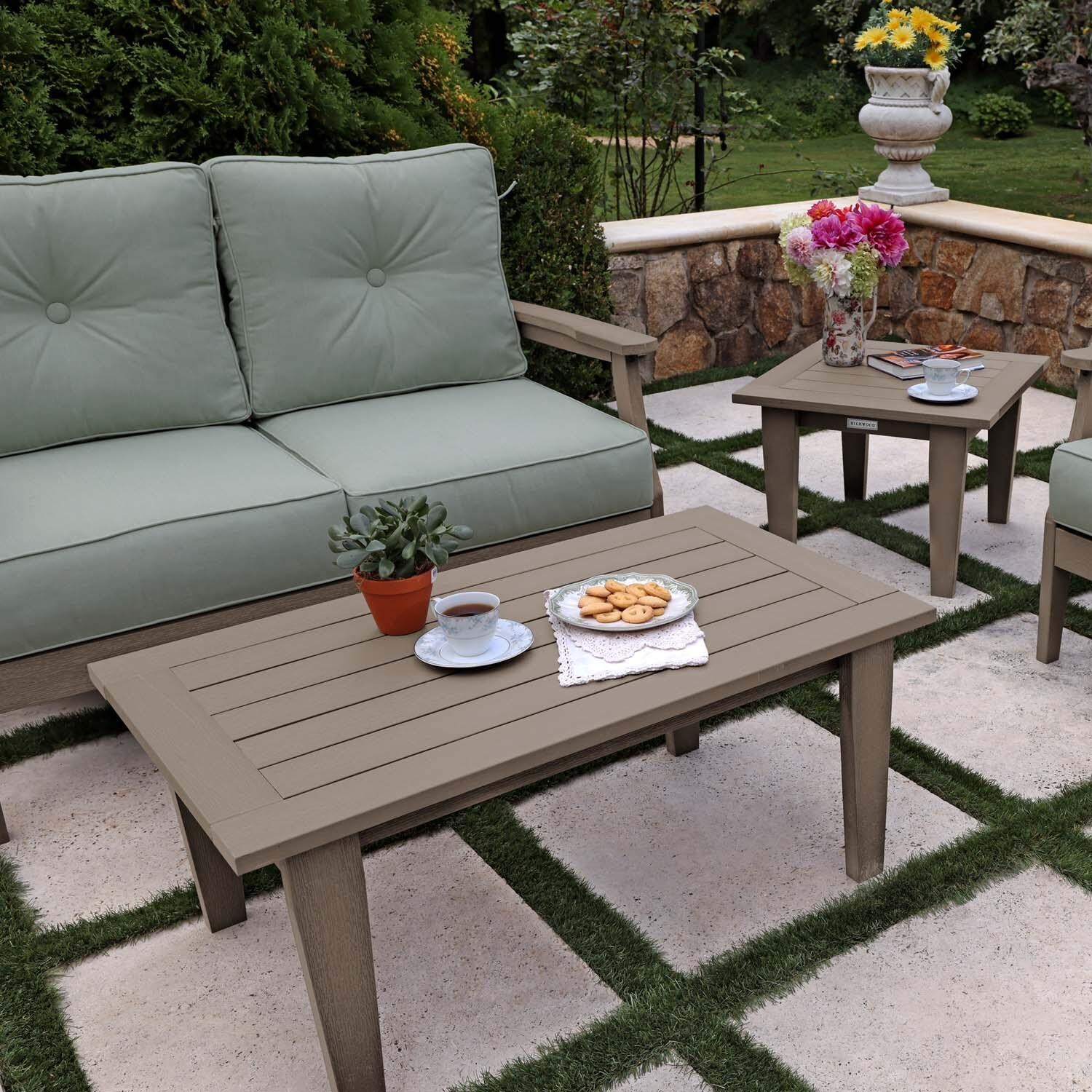 Blushing Bay 4 Pc Recycled Plastic Seating Set in Canvas Seasalt/Woodland Brown by Lakeview Outdoor Designs - Close Up - Lifestyle thumbnail
