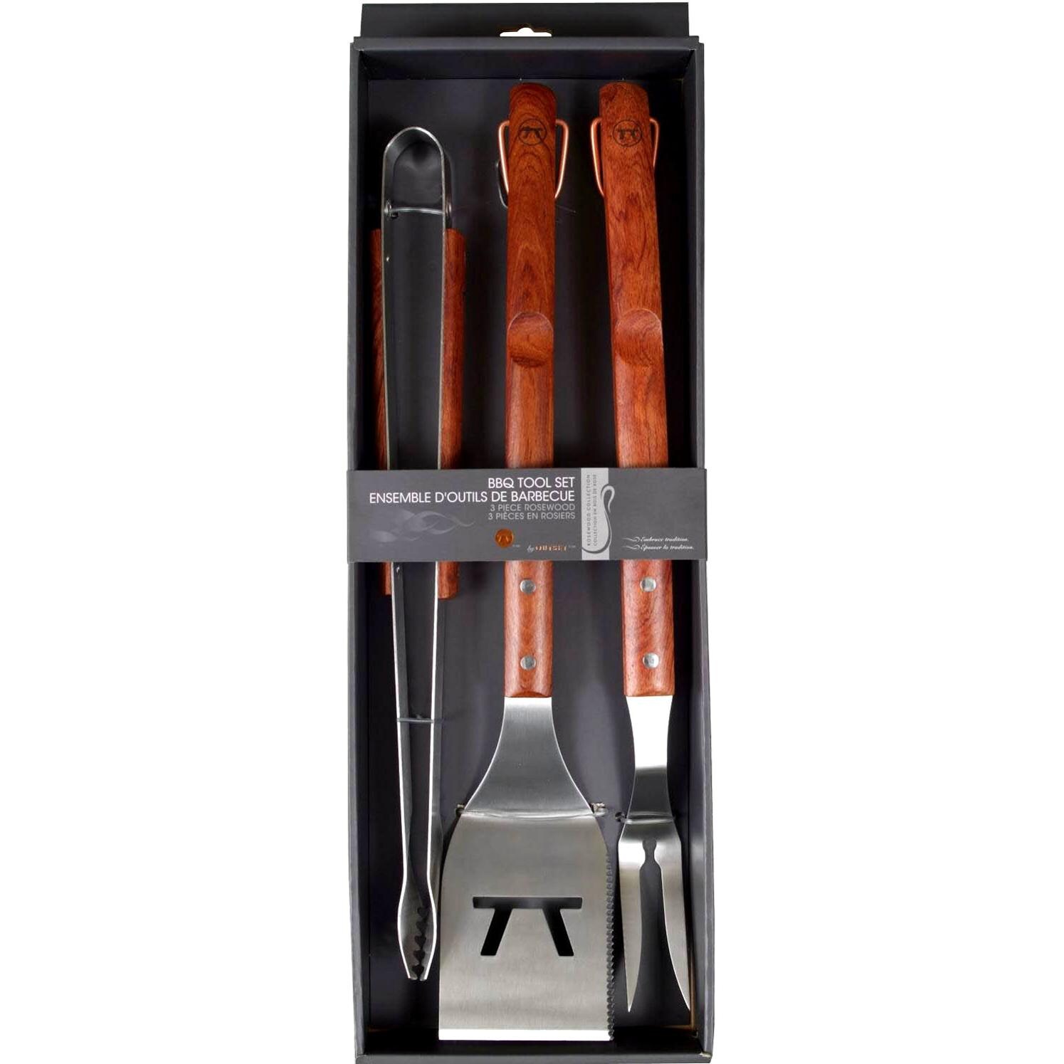 Outset 3-Piece Rosewood Stainless Steel BBQ Tool Set - Packaged Top View thumbnail