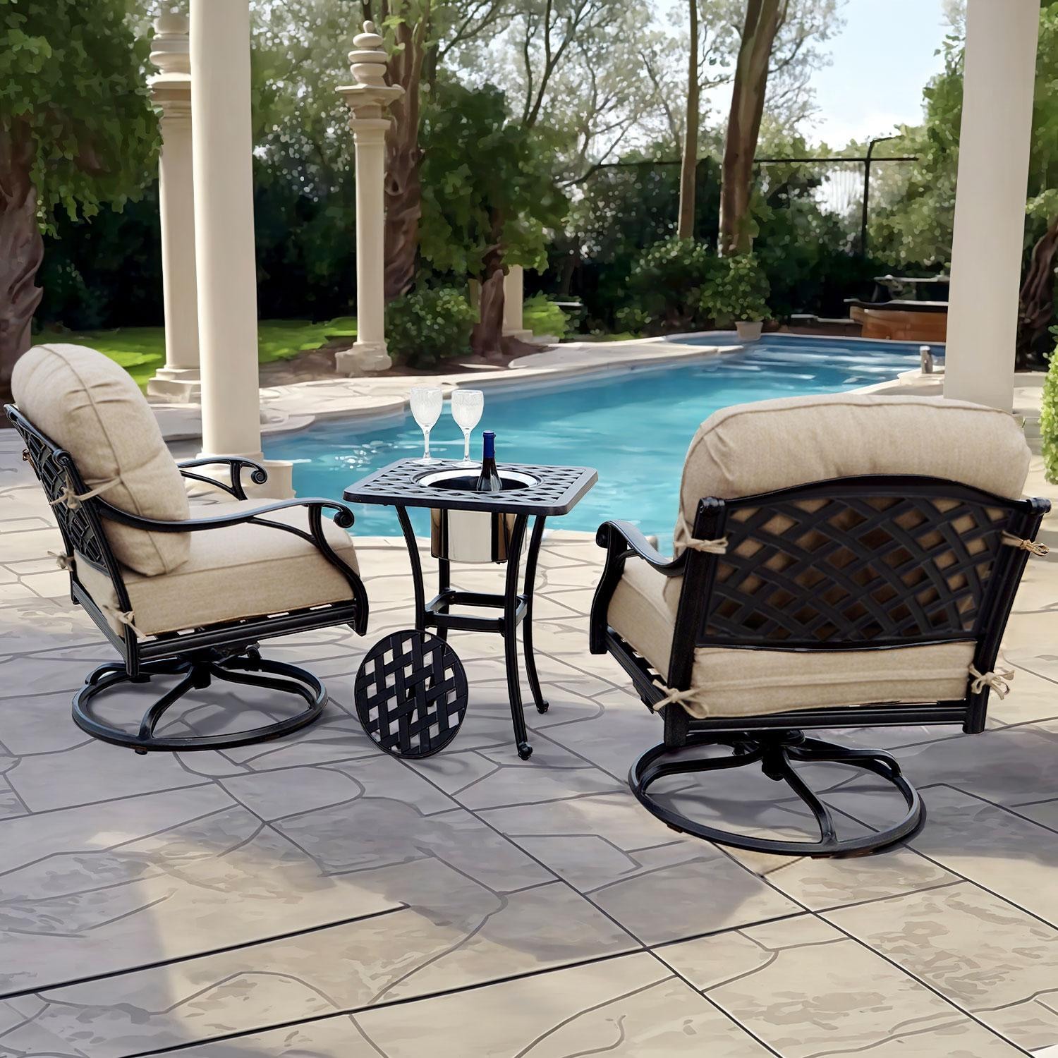 Darlee Nassau 3 Pc Cast Aluminum Seating Set w/ 25 Inch Square Series 30 Ice Bucket End Table & & Swivel Rockers in Antique Bronze/Beige Canvas by