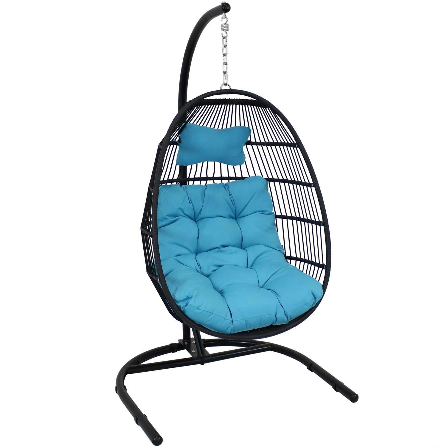 Egg Chair w/Cushion & Stand in Blue By Ultimate Patio - White Background thumbnail