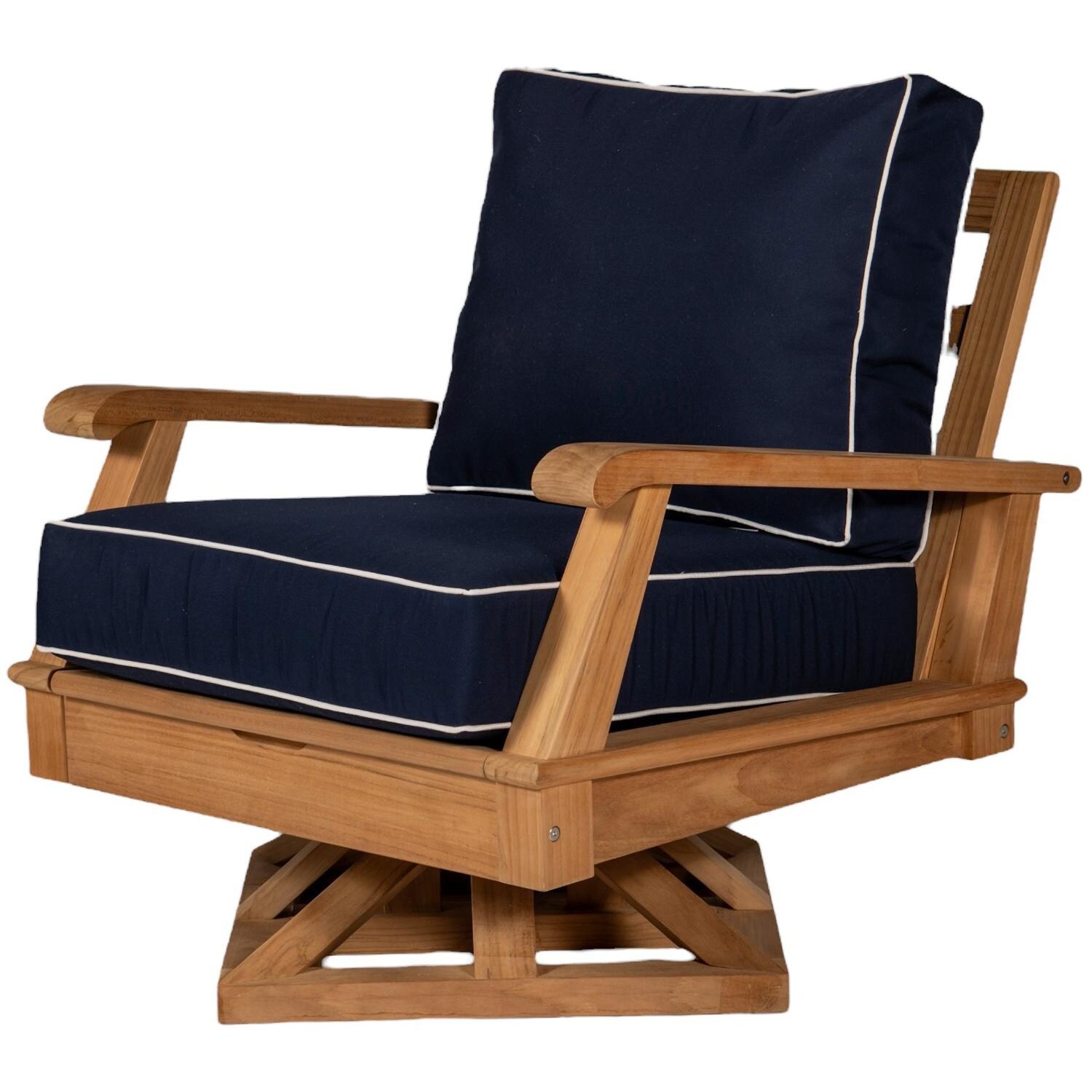 Royal Teak Collection MIASWN Miami Teak Swivel Chair w/ Sunbrella Cushions in Canvas Navy - Angled - White Background thumbnail