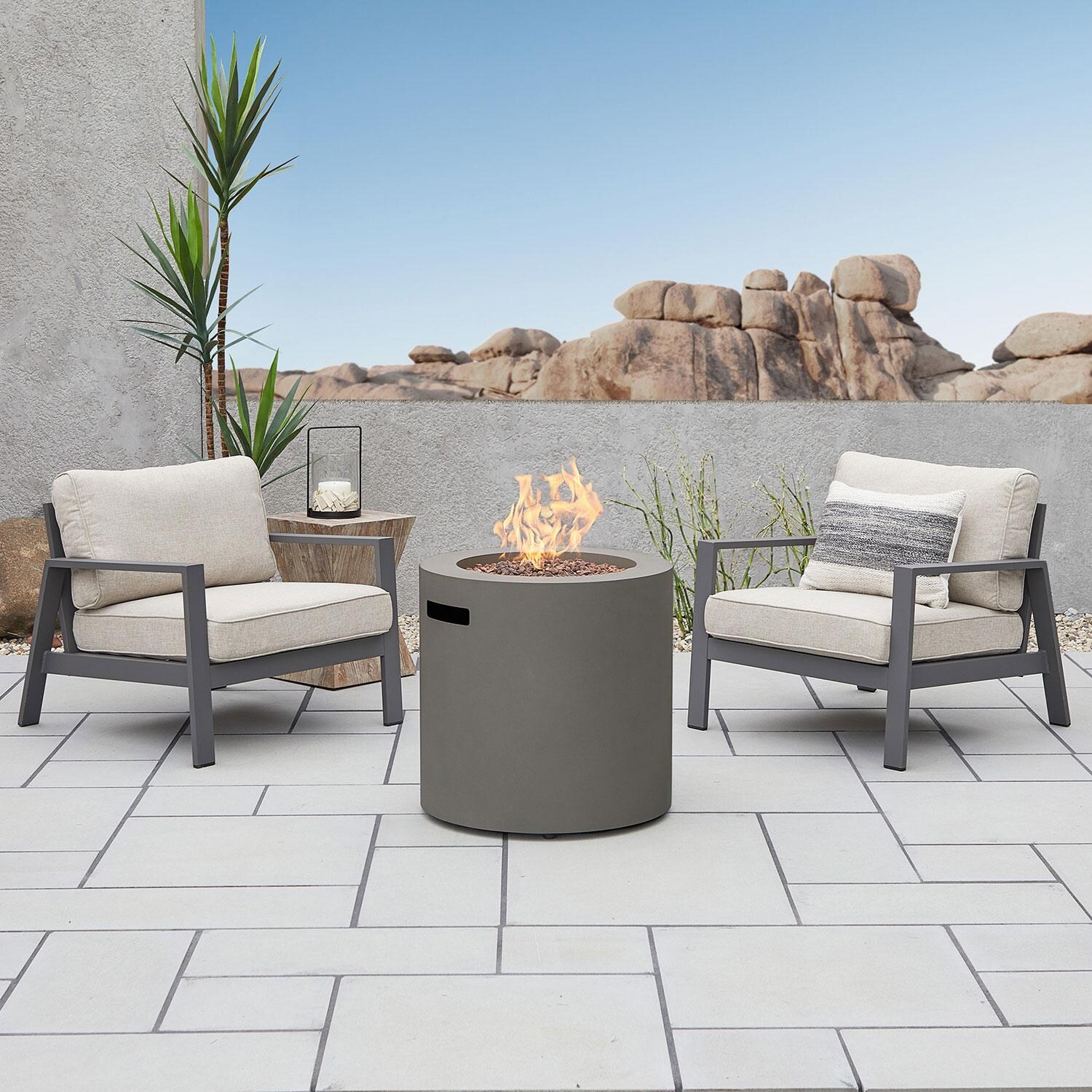 Elysian 3 Pc Powder Coated Steel Seating Set w/ 24 Inch Round Fire Pit in Mist Gray by Lakeview Outdoor Designs