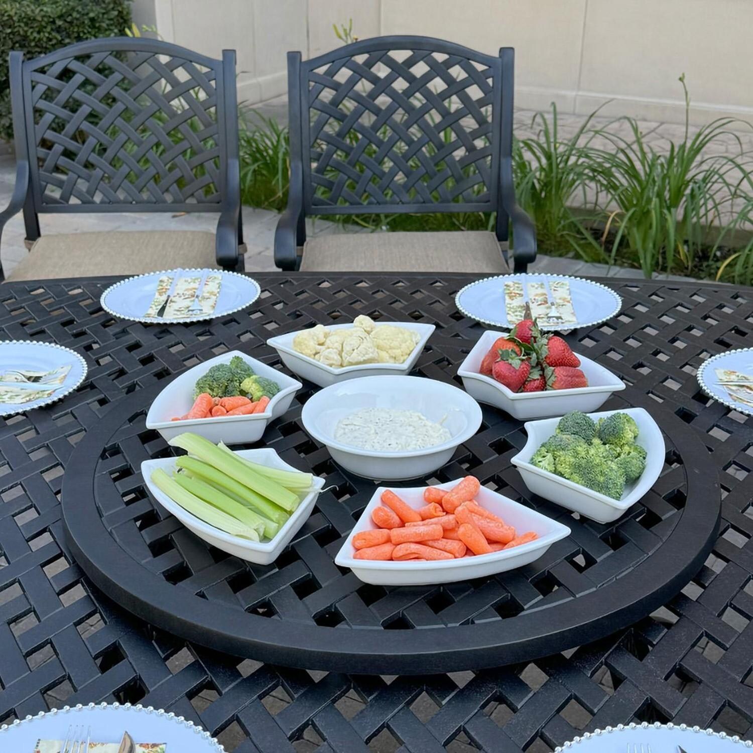 Darlee B/DL13-10PCAR-30W3930-S Nassau 10 Pc Cast Aluminum Dining Set in Antique Bronze w/ Beige Canvas Cushions - Lazy Susan w/ Veggies - Lifestyle thumbnail