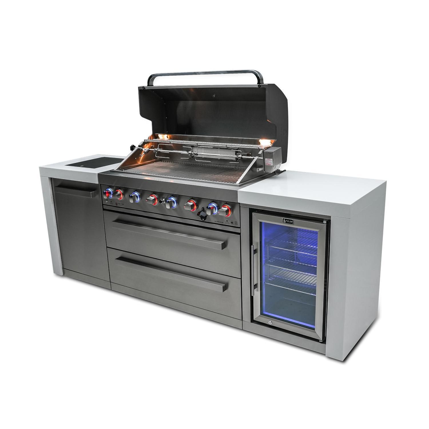 Mont Alpi MAi805-DFC Deluxe Natural Gas Island Grill W/ Refrigerator Cabinet - Angled Left - Grill Open - White Background thumbnail