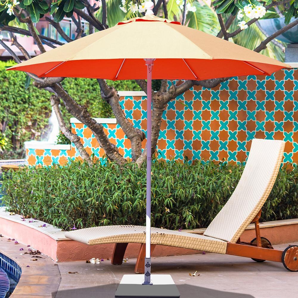 Galtech 7.5 Ft. Octagonal Aluminum Patio Umbrella w/ Manual Lift - Shown In White Finish w/ Tangerine Sunbrella Fabric (Umbrella Base Not Included) - Lifestyle thumbnail