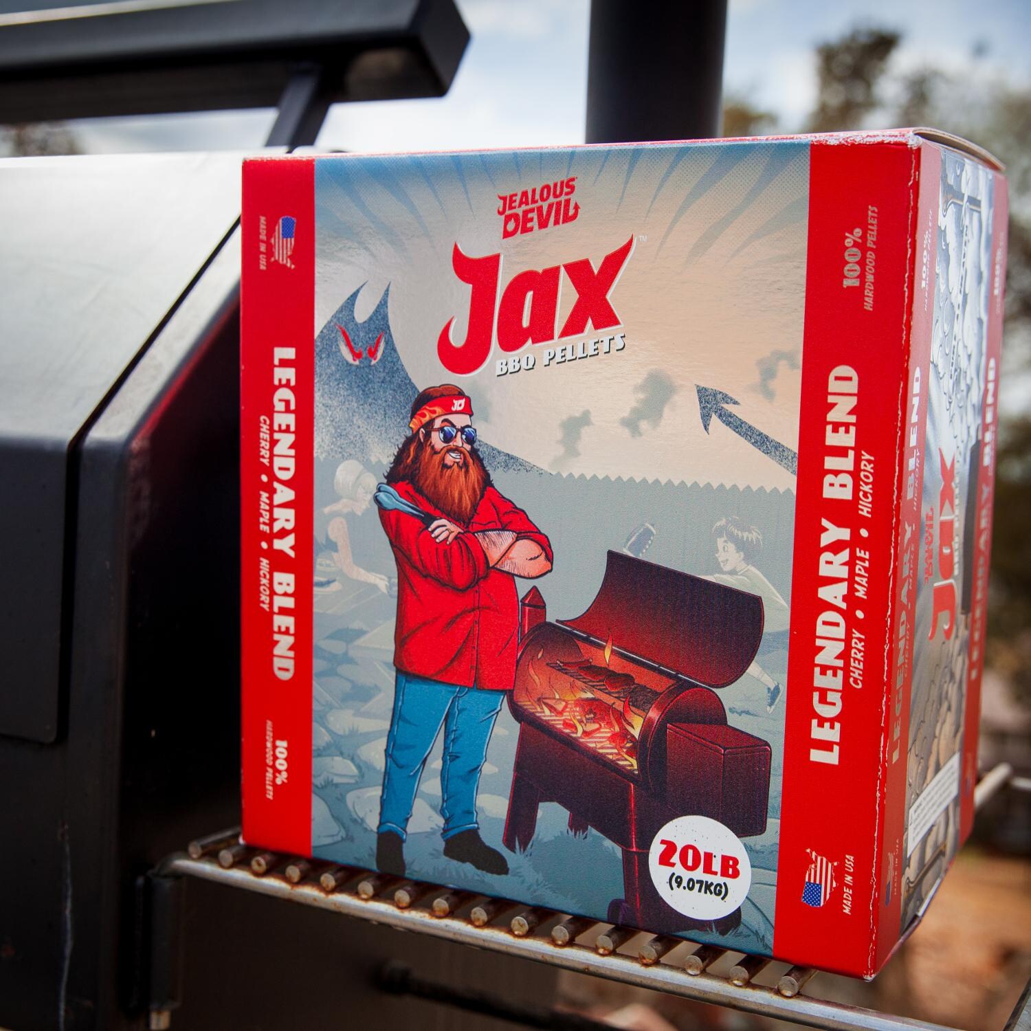 Jealous Devil - JDJAXLEGEND20 - Jax Hardwood BBQ Pellets - Legendary Blend - Box Closeup Outside