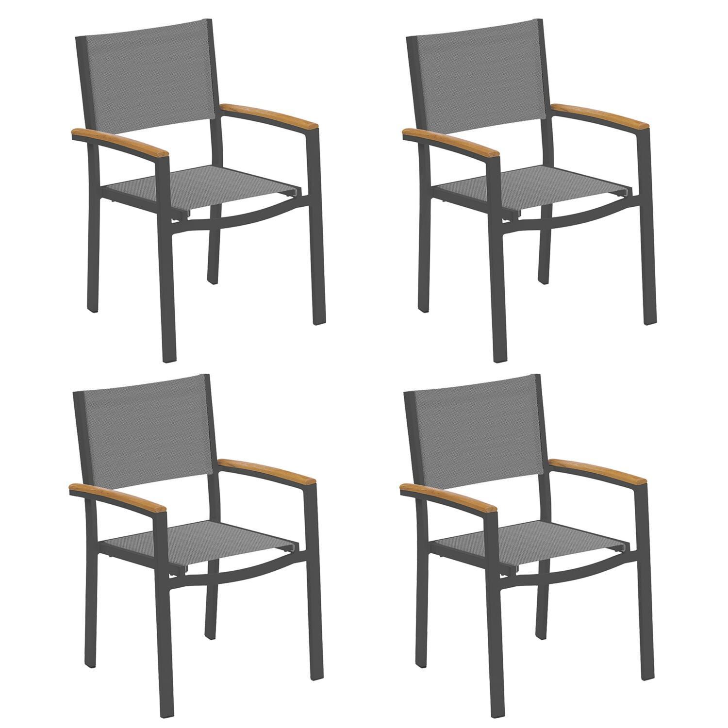 Travira 4 Pc Composite Sling & Aluminum Dining Chair W/ Natural Tekwood Arm Caps in Carbon/Titanium By Oxford Garden