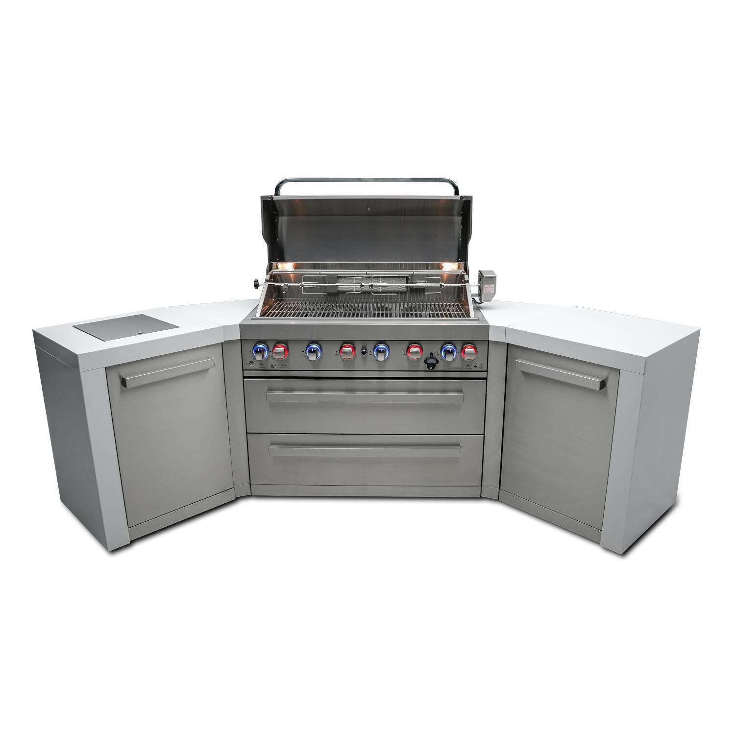 Mont Alpi MAi805-D45 Deluxe 45 Degree Natural Gas Island Grill - Front View - Grill Open - White Background thumbnail