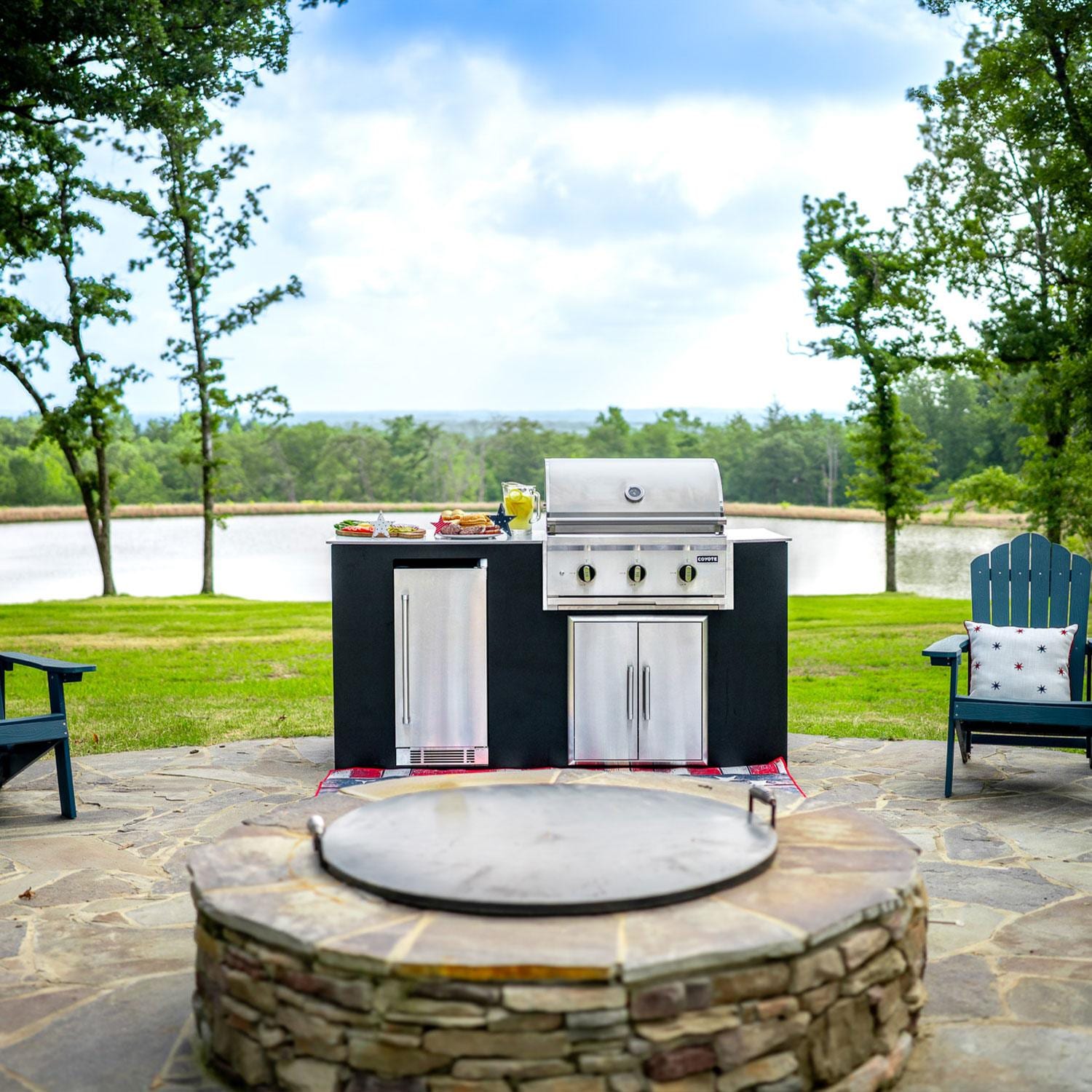 Coyote Key 6 Ft Outdoor Kitchen Island w/ SL-Series 30-in 2-Burner Built-In Propane Grill, Insulated Jacket, Refrigerator & Access Door - Wide Shot - Lifestyle thumbnail