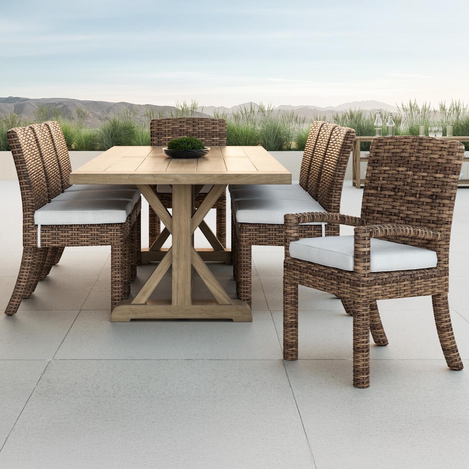 Havana Wicker Dining Arm Chair in Tobacco/Canvas Natural by Sunset West - Shown w/ Set (Not Included) - Lifestyle thumbnail