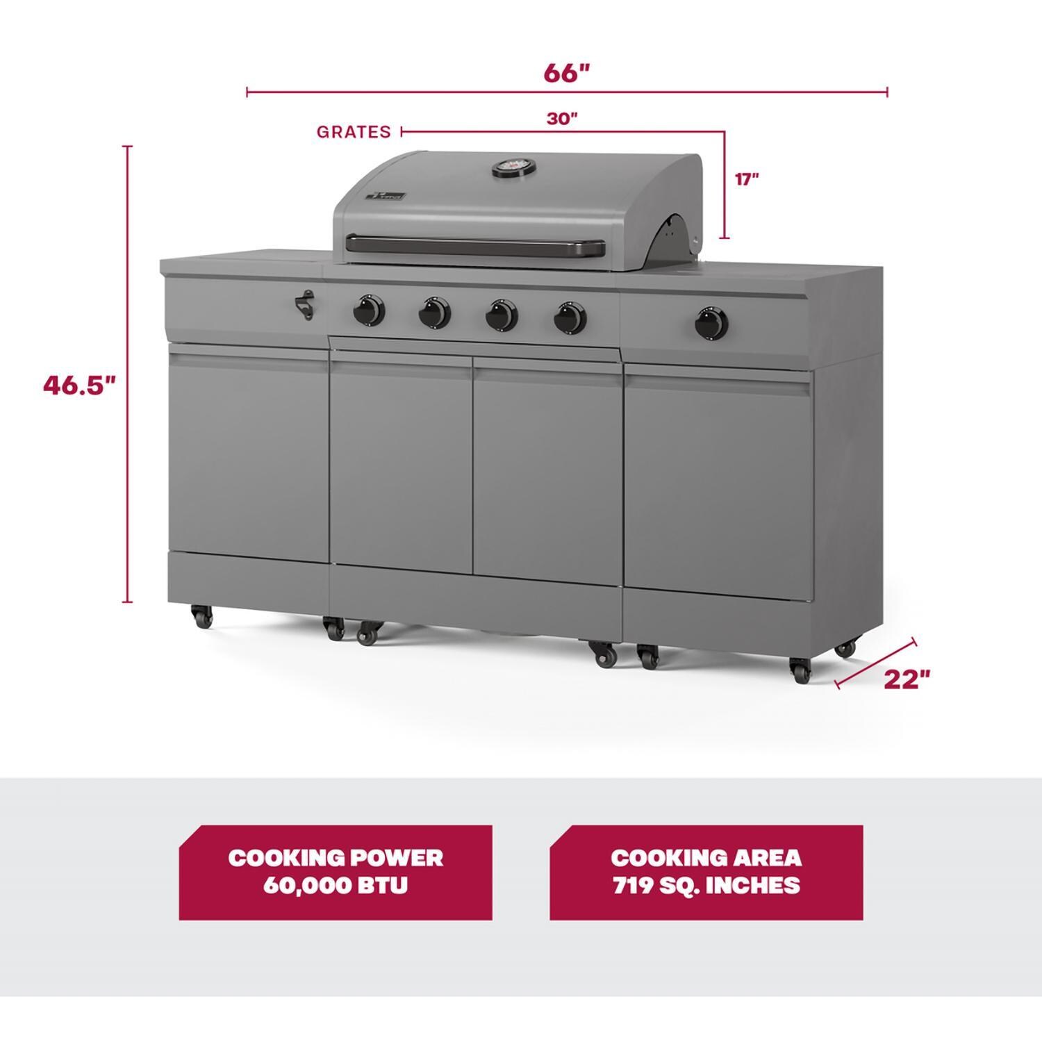 TYTUS Fresno Series 5-Burner Propane Island Grill in Gunmetal w/ Cover & Griddle - Dimensions - Dimensional thumbnail