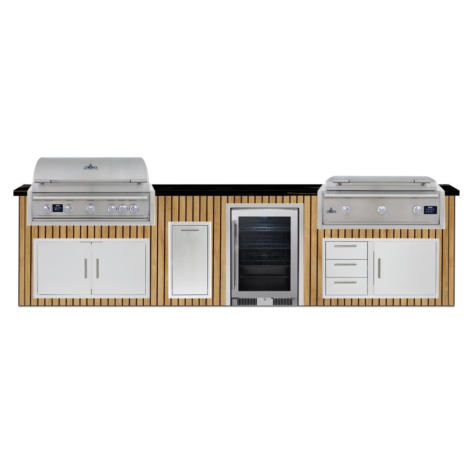 BBQGuys Signature 12 Ft Outdoor Kitchen Island w/ 40-in Natural Gas Blaze LTE PRO Grill & Griddle, 20-in Beverage Center & Narrow Trash Bin | Sun Bleached Oak w/ Nero Mist Granite