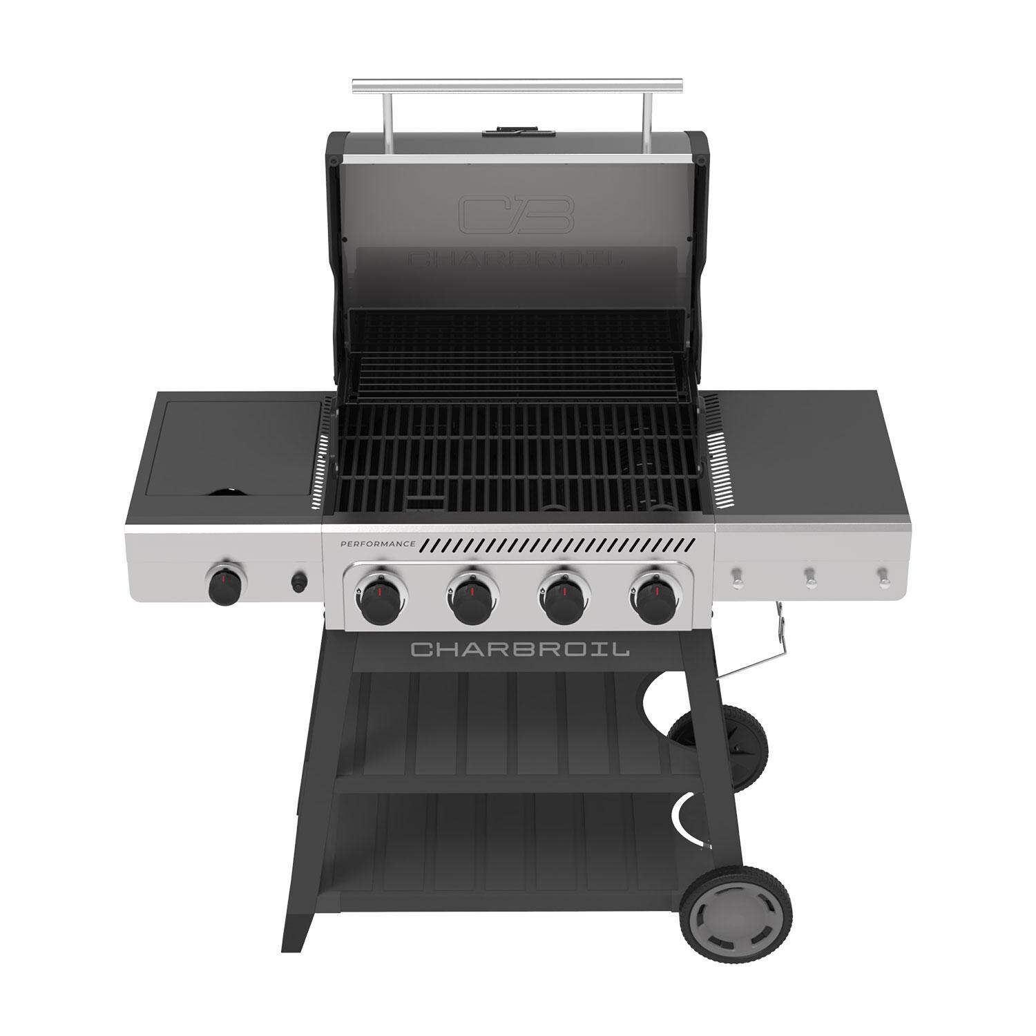 Charbroil 463349325 Performance Series 4-Burner Propane Grill A-Frame Cart W/ Side Burner - Black & Stainless Steel - Storage Cabinet - White Background thumbnail