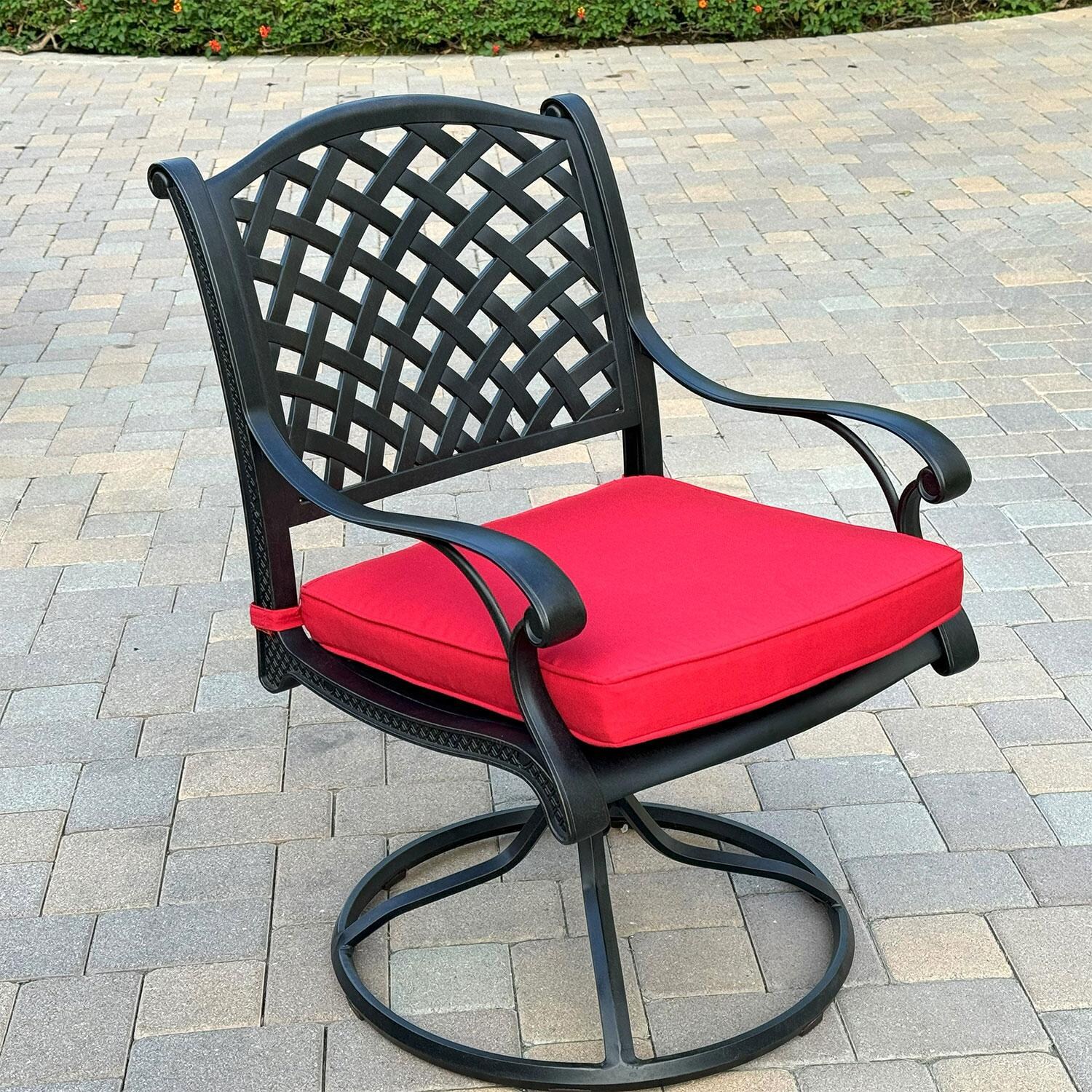 Nassau Cast Aluminum Swivel Rocker Dining Chair in Antique Bronze/Red by Darlee - Lifestyle thumbnail