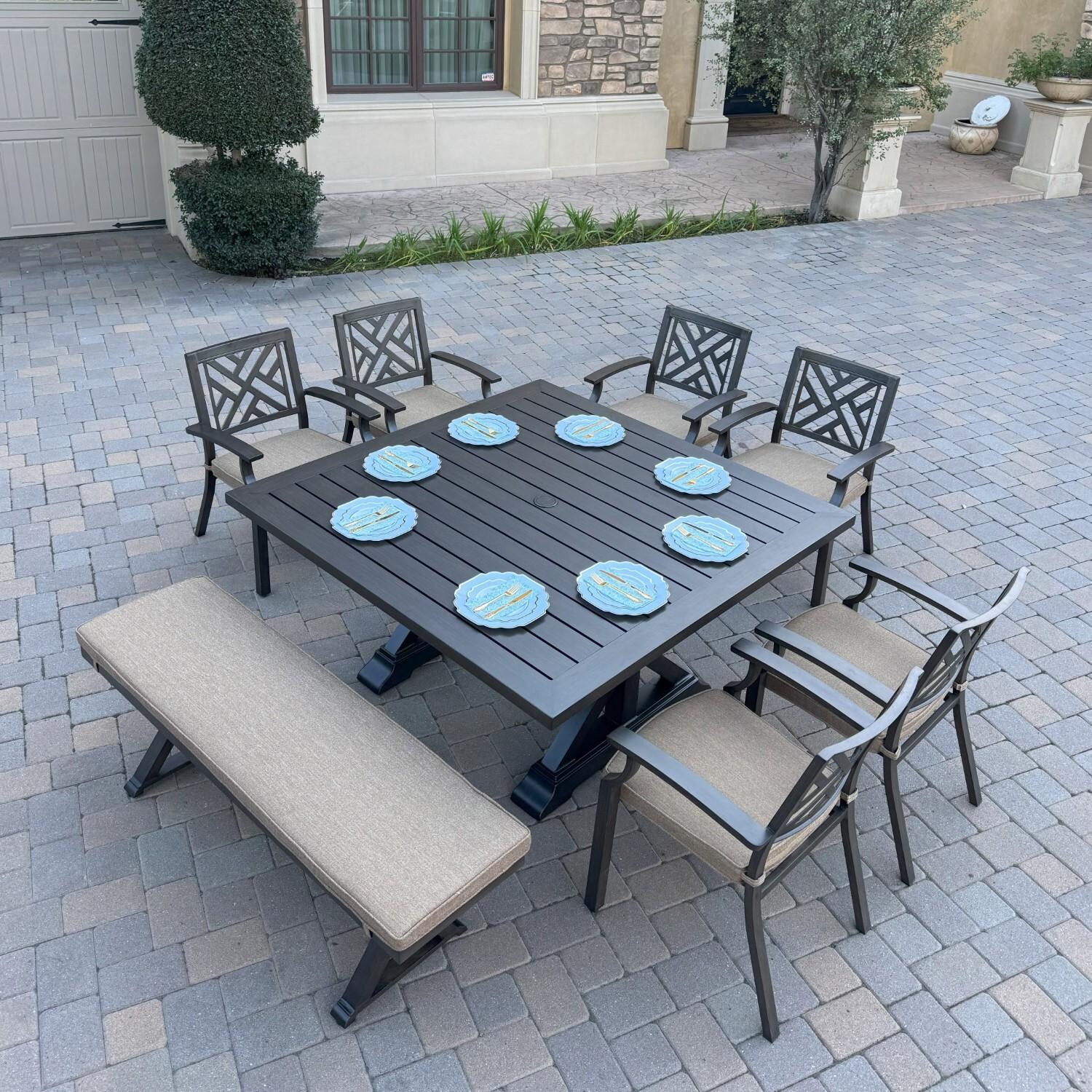 Brooklyn 8 Pc Aluminum Dining Set w/ 59 Inch Square Table in Multi Brown by Darlee