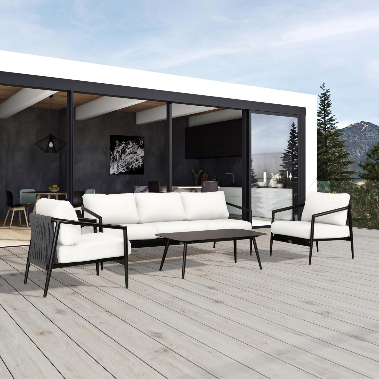 Lakeview Midnight Cove 4 Pc Aluminum Sofa Seating Set in Black/Carbon/Canvas Natural - Detail - Lifestyle thumbnail