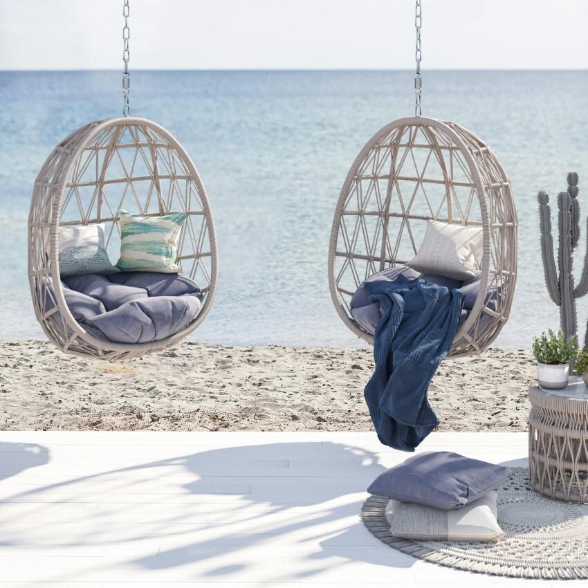 Dana Woven Rope Hanging Club Chair w/ Self Welt in Natural/Spectrum Indigo by Sunset West - Shown in Canvas Skyline - Lifestyle thumbnail