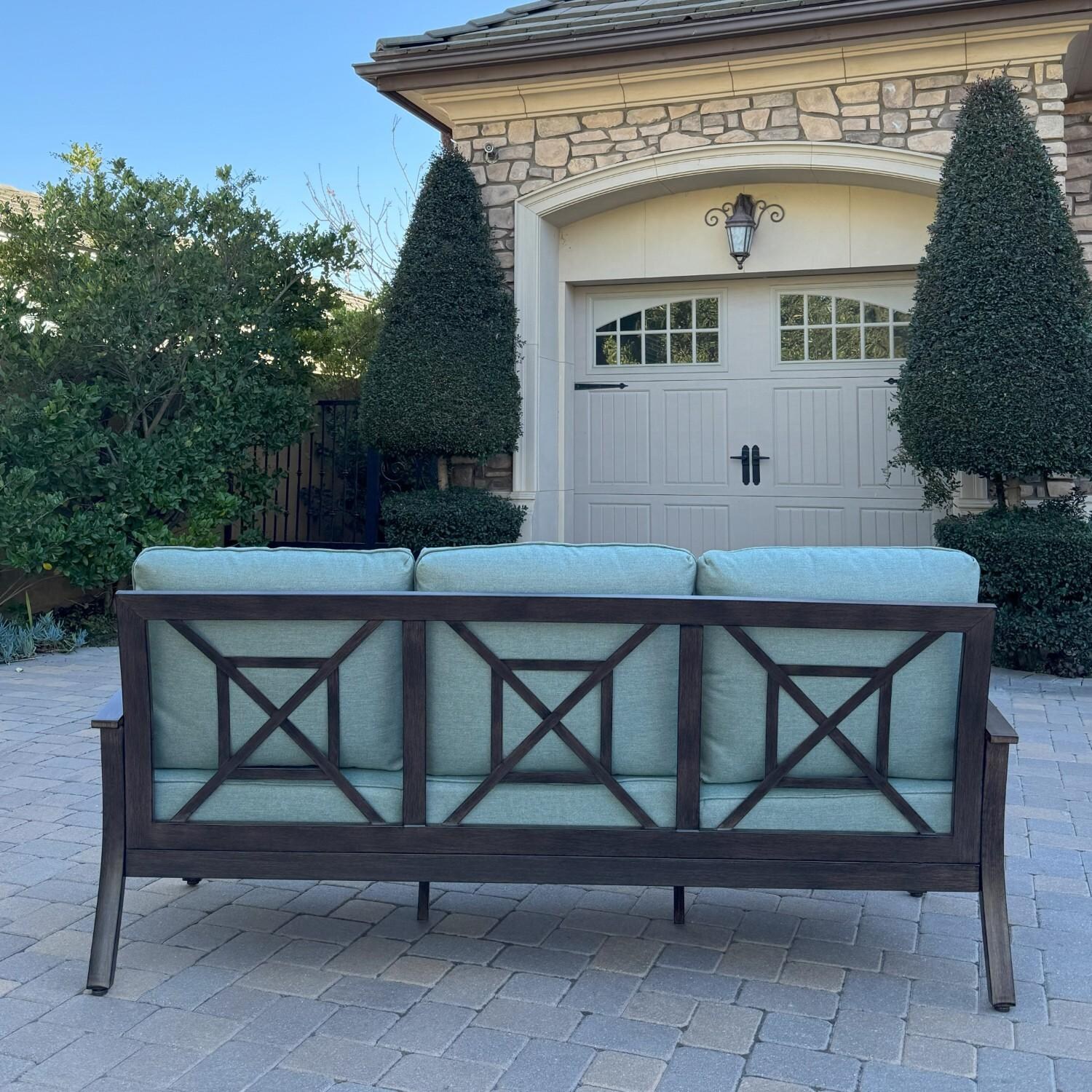 Atlantis 6 Pc Aluminum Fire Pit Seating Set w/ 2 Club Chairs, 2 Ottomans & Sofa in Walnut/Spa by Darlee - Sofa Back - Lifestyle thumbnail