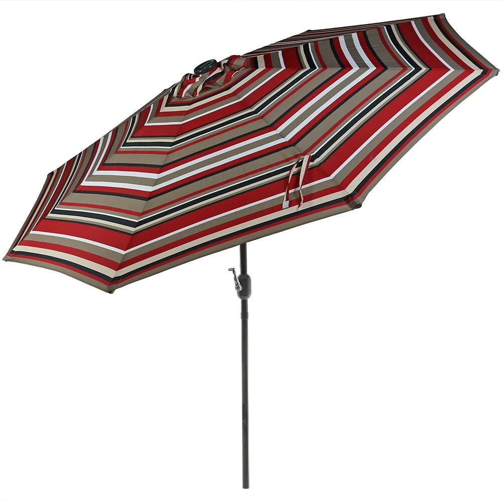 Ultimate Patio 9 Ft. Solar Lighted Octagonal Aluminum Patio Mart Umbrella W/ Crank & Tilt - Black Frame & Awning Stripe Polyester Canopy