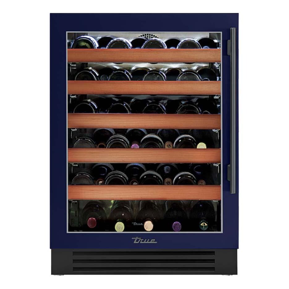True TWC-24-L-OG-C~DSK-078-H05 24 Inch 45 Bottle Left Hinge Glass Door Outdoor Wine Cabinet - Cobalt w/ Pewter Handle - White Background thumbnail