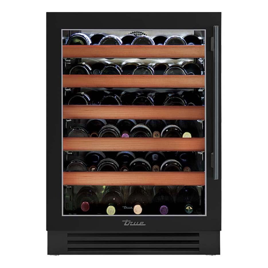 True TWC-24-L-OG-C~DSK-027-H05 24 Inch 45 Bottle Left Hinge Glass Door Outdoor Wine Cabinet - Matte Black w/ Pewter Handle - White Background thumbnail