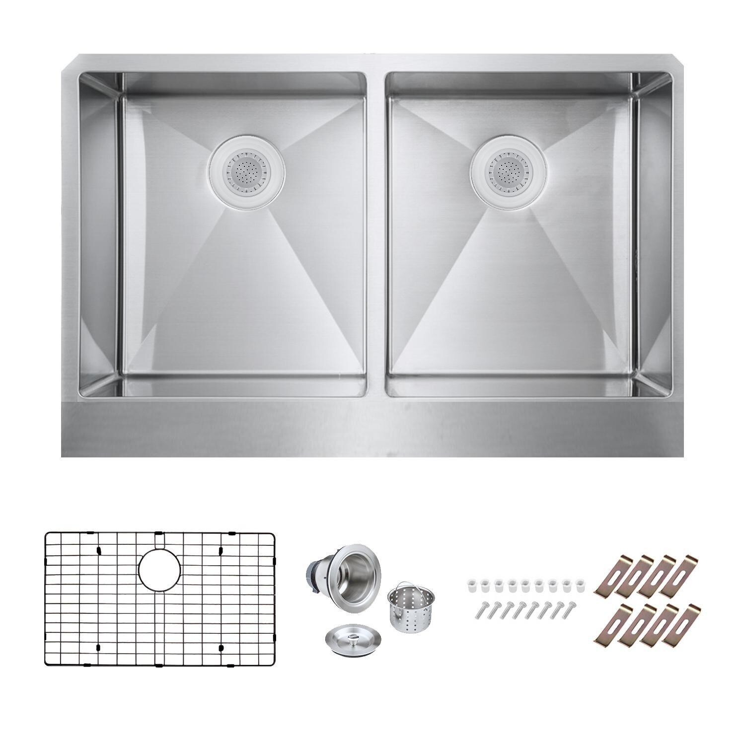 BBQGuys Signature Farmhouse Flat Apron Double Bowl Stainless Steel 36-Inch Sink W/Grids and Strainers - White Background thumbnail