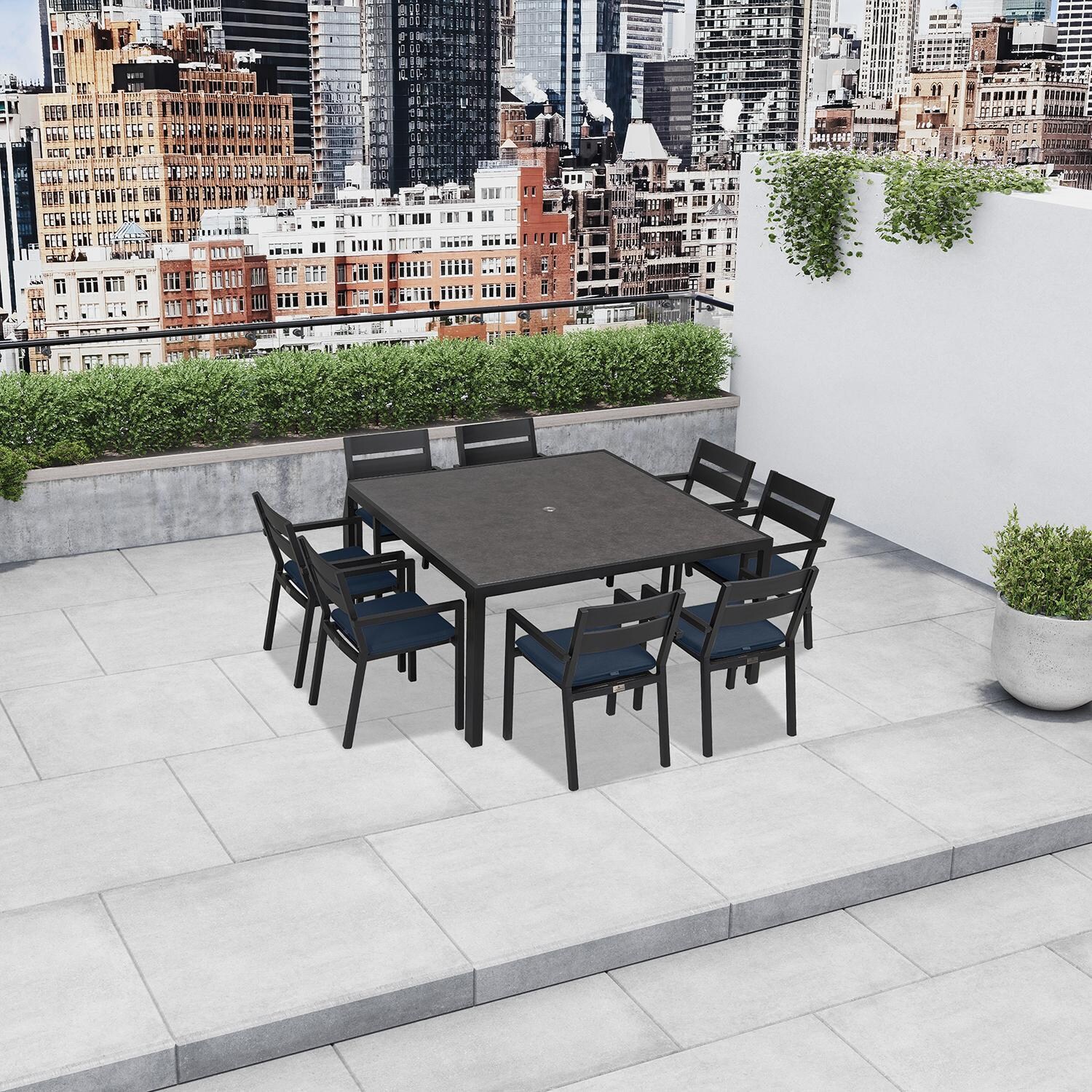 Calm Bay 9 Pc Square Aluminum Dining Set in Black/Spectrum Indigo by Lakeview Outdoor Designs