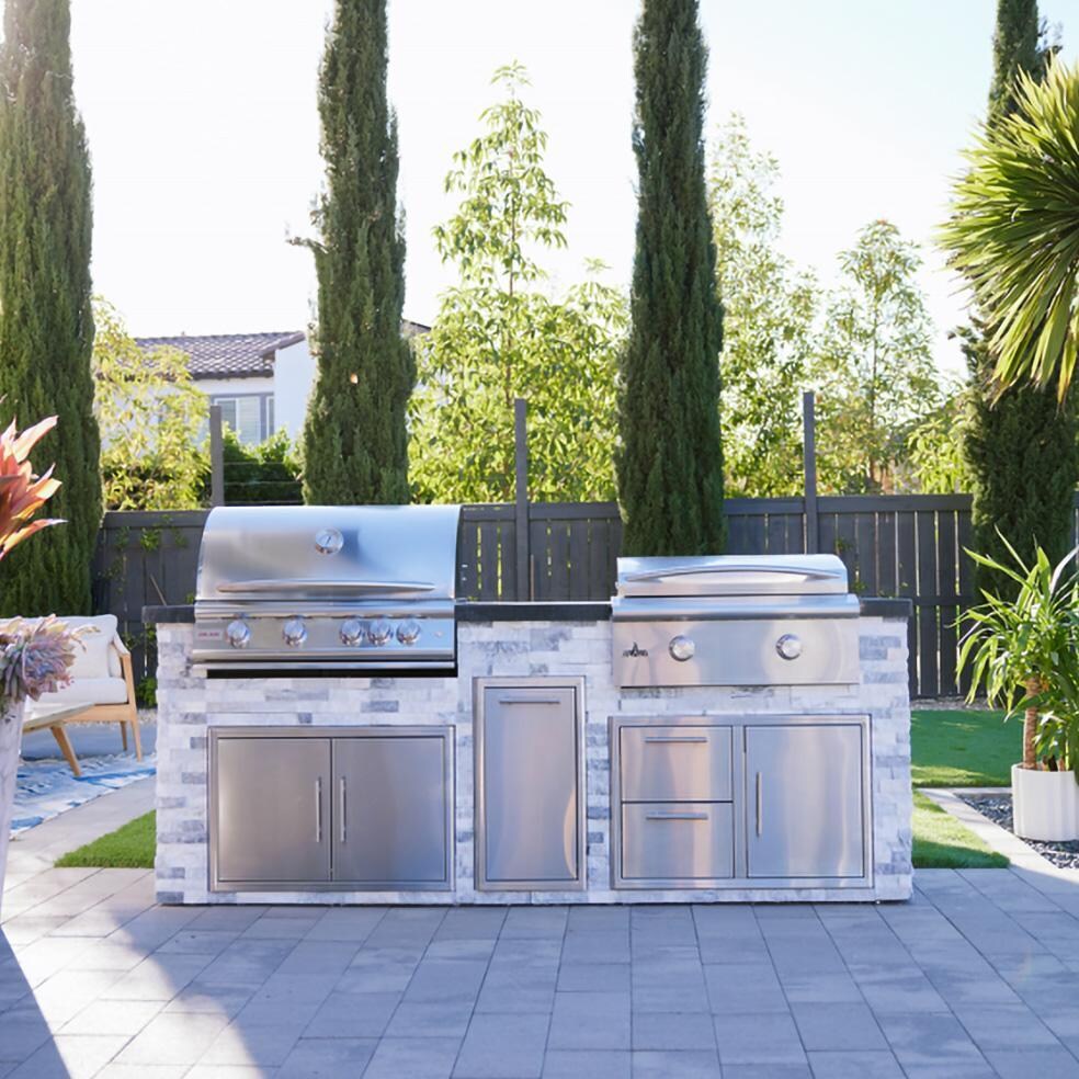 BBQGuys Signature 8 Ft Grill Island w/ 32 Inch Natural Gas Blaze Premium LTE+ Grill & Griddle, Narrow Trash Bin & Door & Drawer | Alaska Gray w/ Black Granite - Front - Lifestyle thumbnail